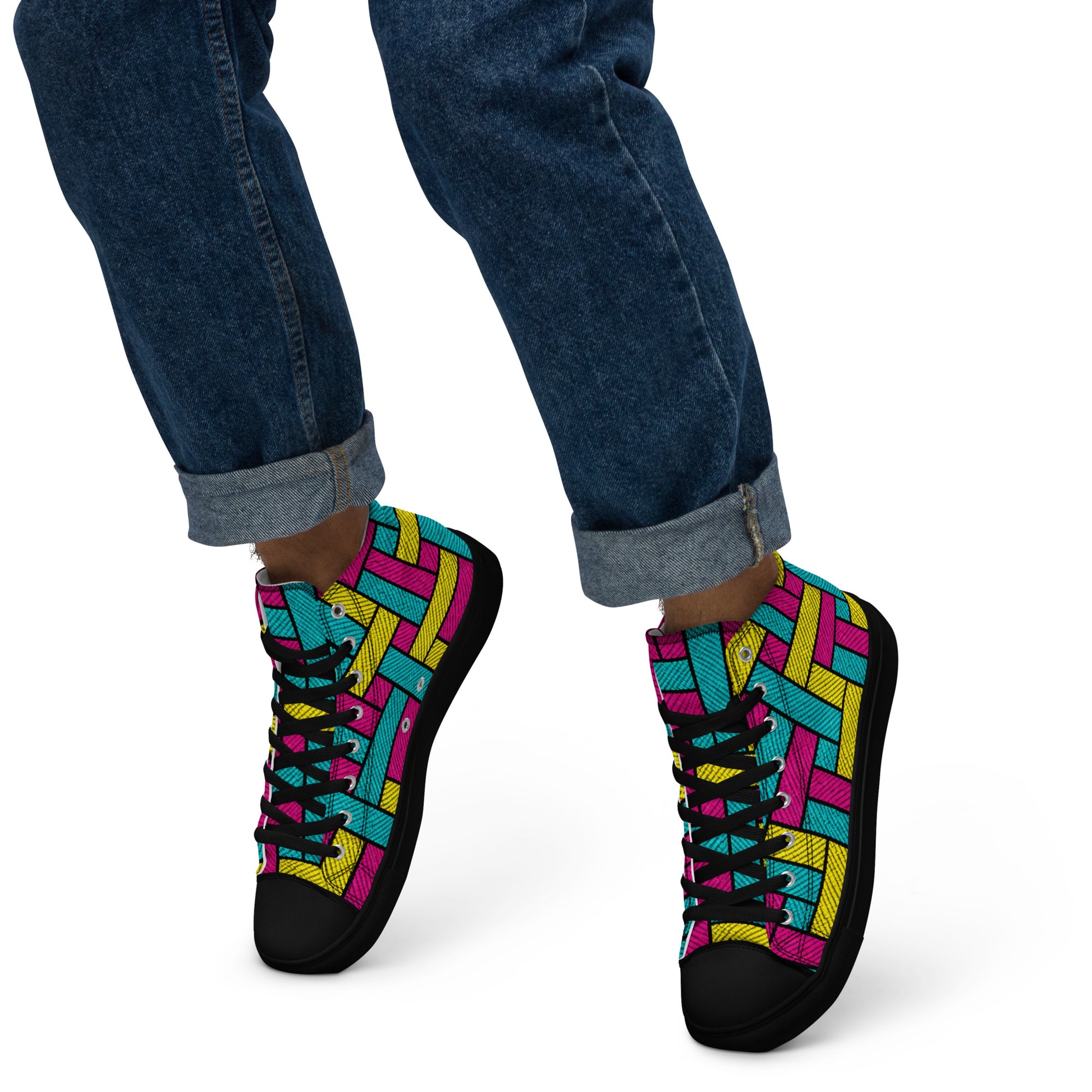 Men’s high top canvas shoes - Vibrant Weave: Men’s High Top Canvas Shoes - Neon Retro Woven Pattern Art by printfluence.net