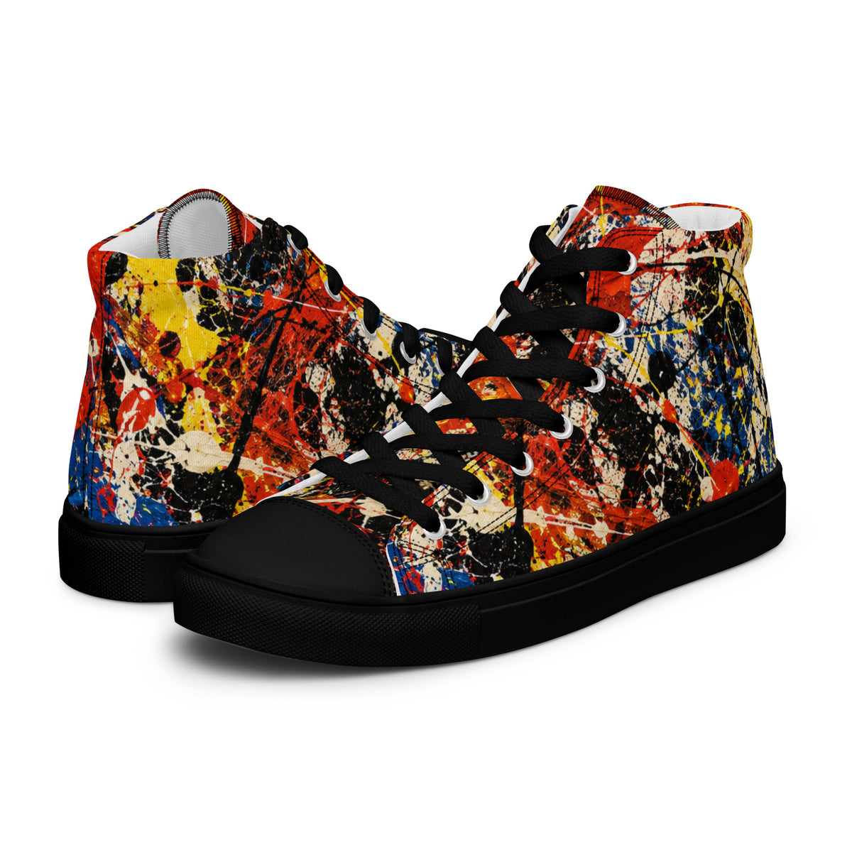 Heritage Bloom Lovers | Men’s High-Top Canvas Shoes — Abstract Expressionist Action Painting Splatter Pattern by printfluence