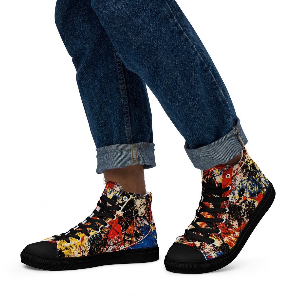 Heritage Bloom Lovers | Men’s High-Top Canvas Shoes — Abstract Expressionist Action Painting Splatter Pattern by printfluence