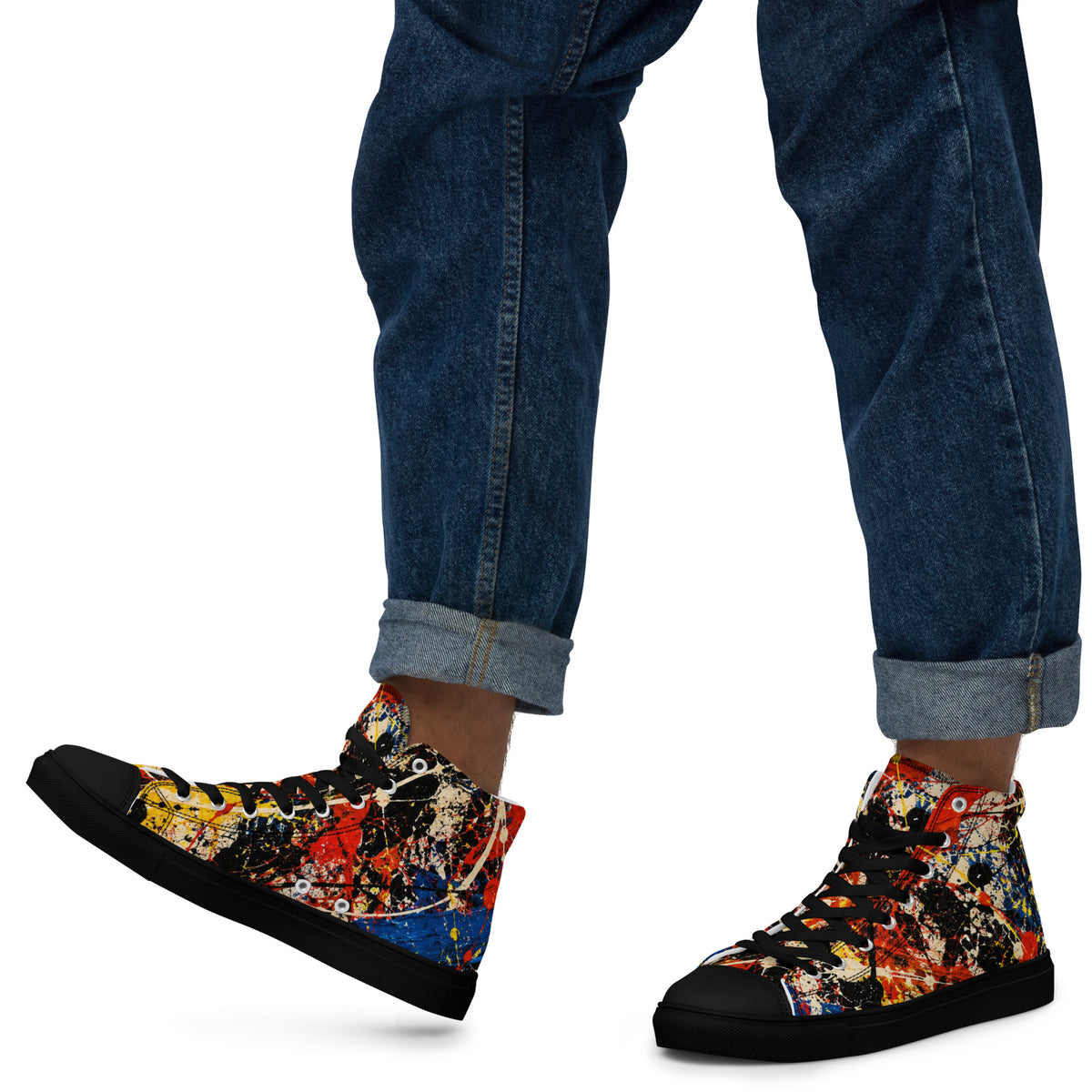 Heritage Bloom Lovers | Men’s High-Top Canvas Shoes — Abstract Expressionist Action Painting Splatter Pattern by printfluence
