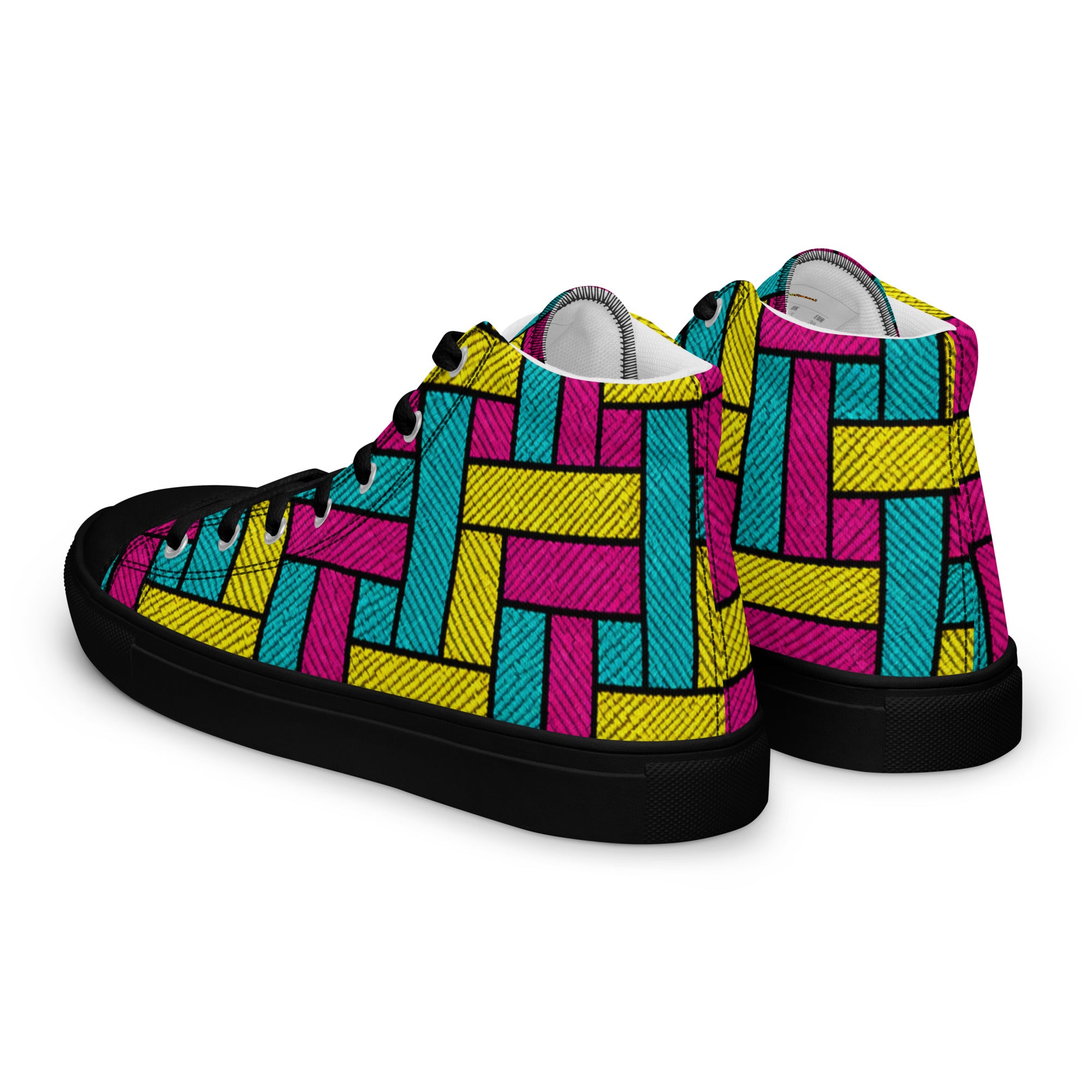 Men’s high top canvas shoes - Vibrant Weave: Men’s High Top Canvas Shoes - Neon Retro Woven Pattern Art by printfluence.net