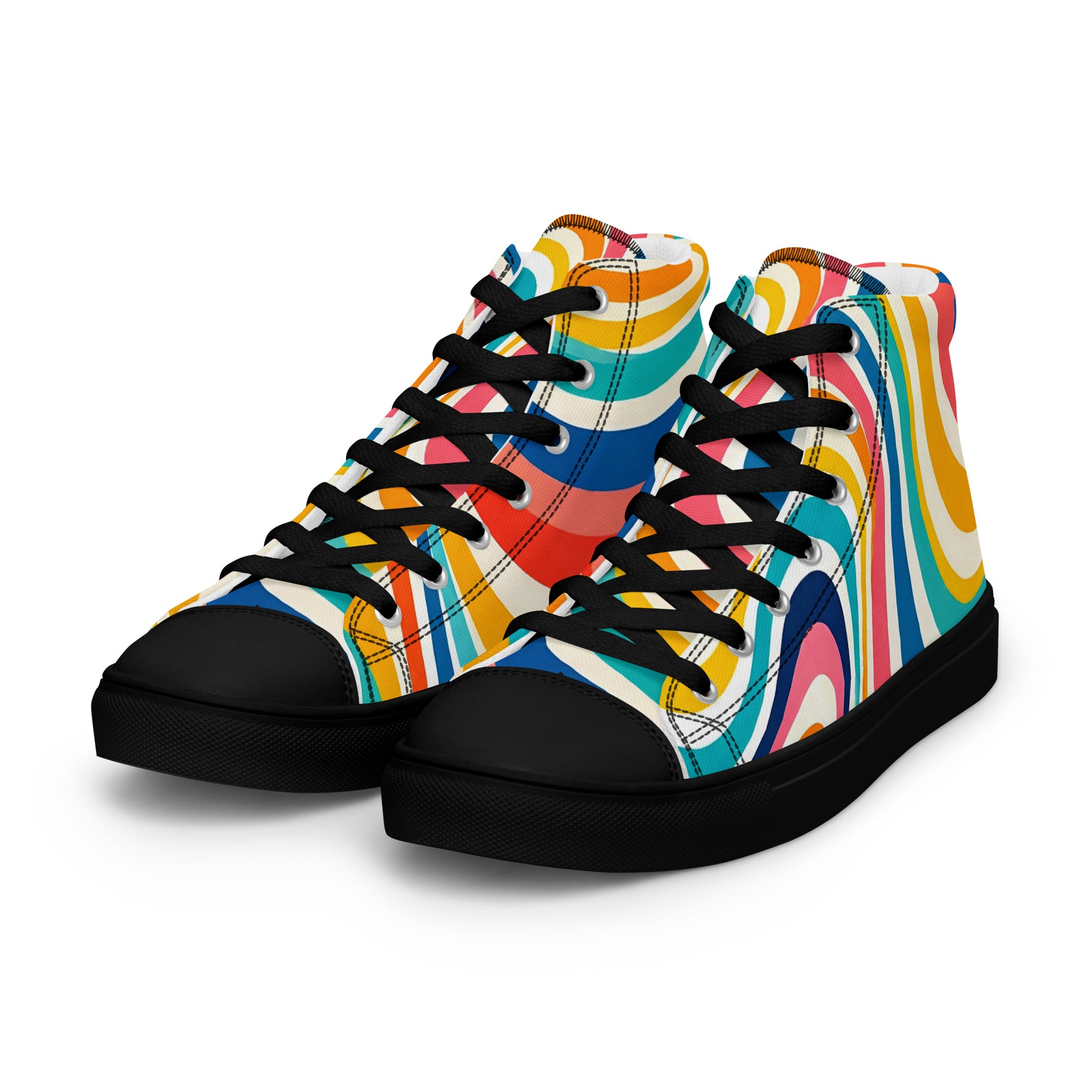 Men’s high top canvas shoes - Retro Flow: Men’s High Top Canvas Shoes - Vibrant Psychedelic Wave Design by printfluence.net
