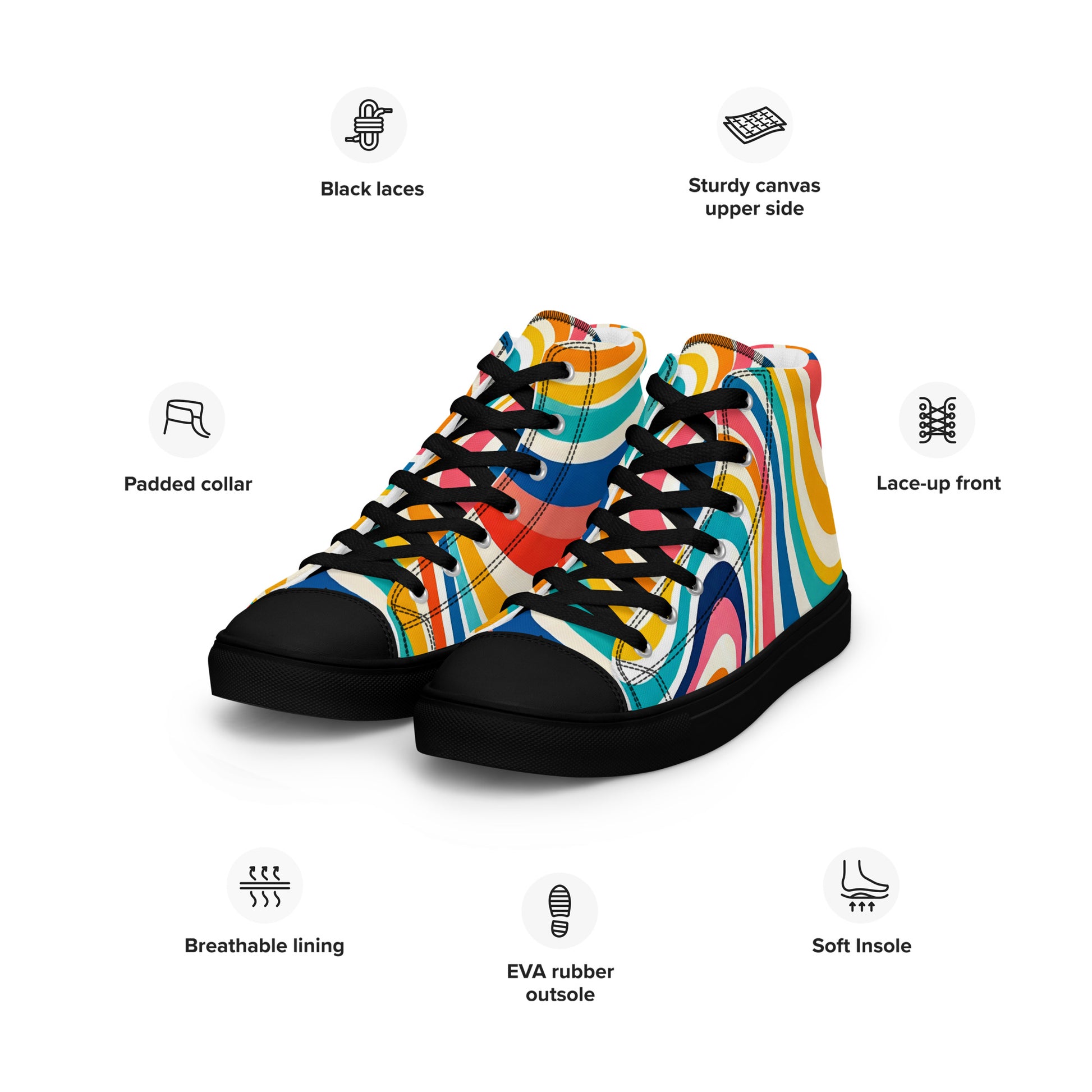 Men’s high top canvas shoes - Retro Flow: Men’s High Top Canvas Shoes - Vibrant Psychedelic Wave Design by printfluence.net