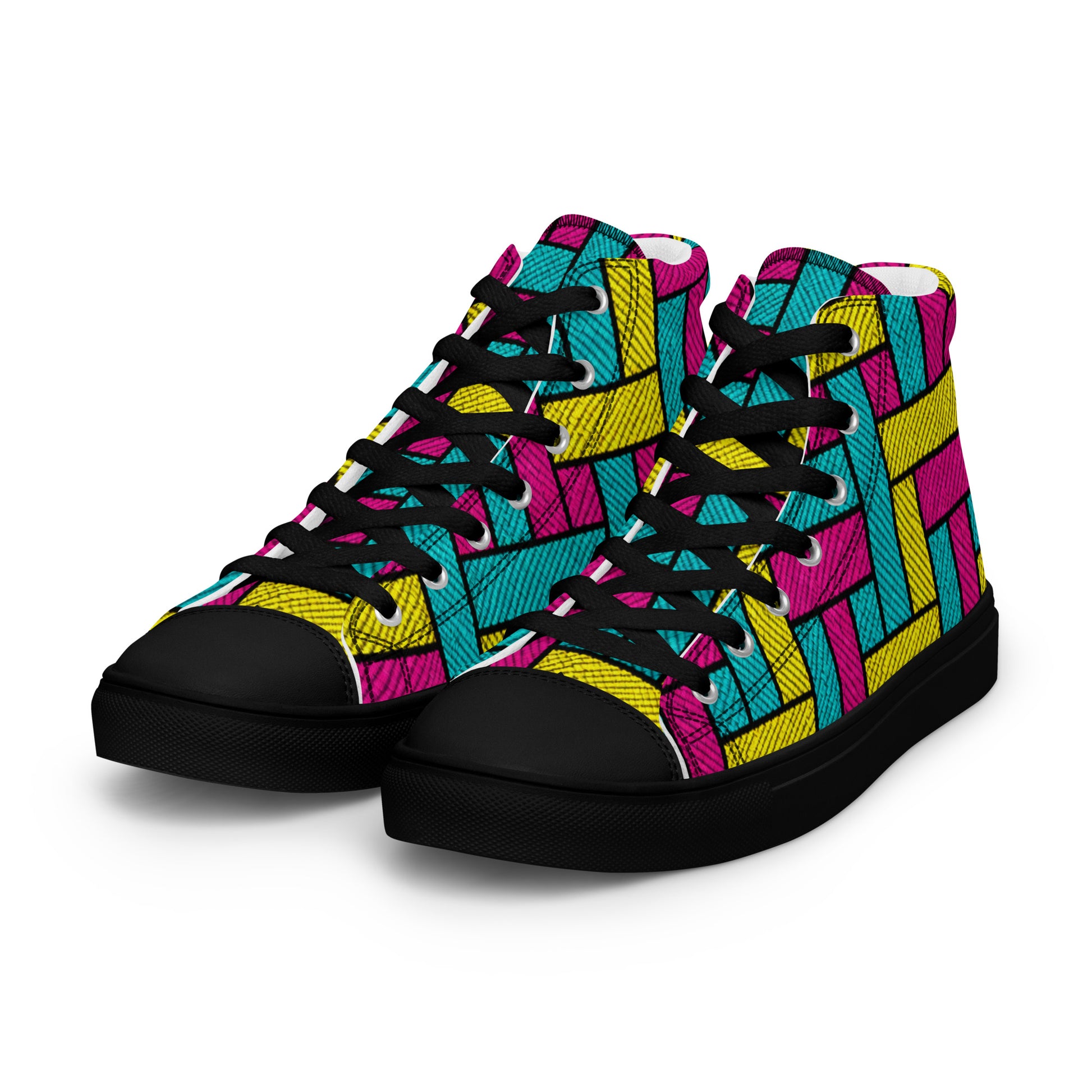 Men’s high top canvas shoes - Vibrant Weave: Men’s High Top Canvas Shoes - Neon Retro Woven Pattern Art by printfluence.net