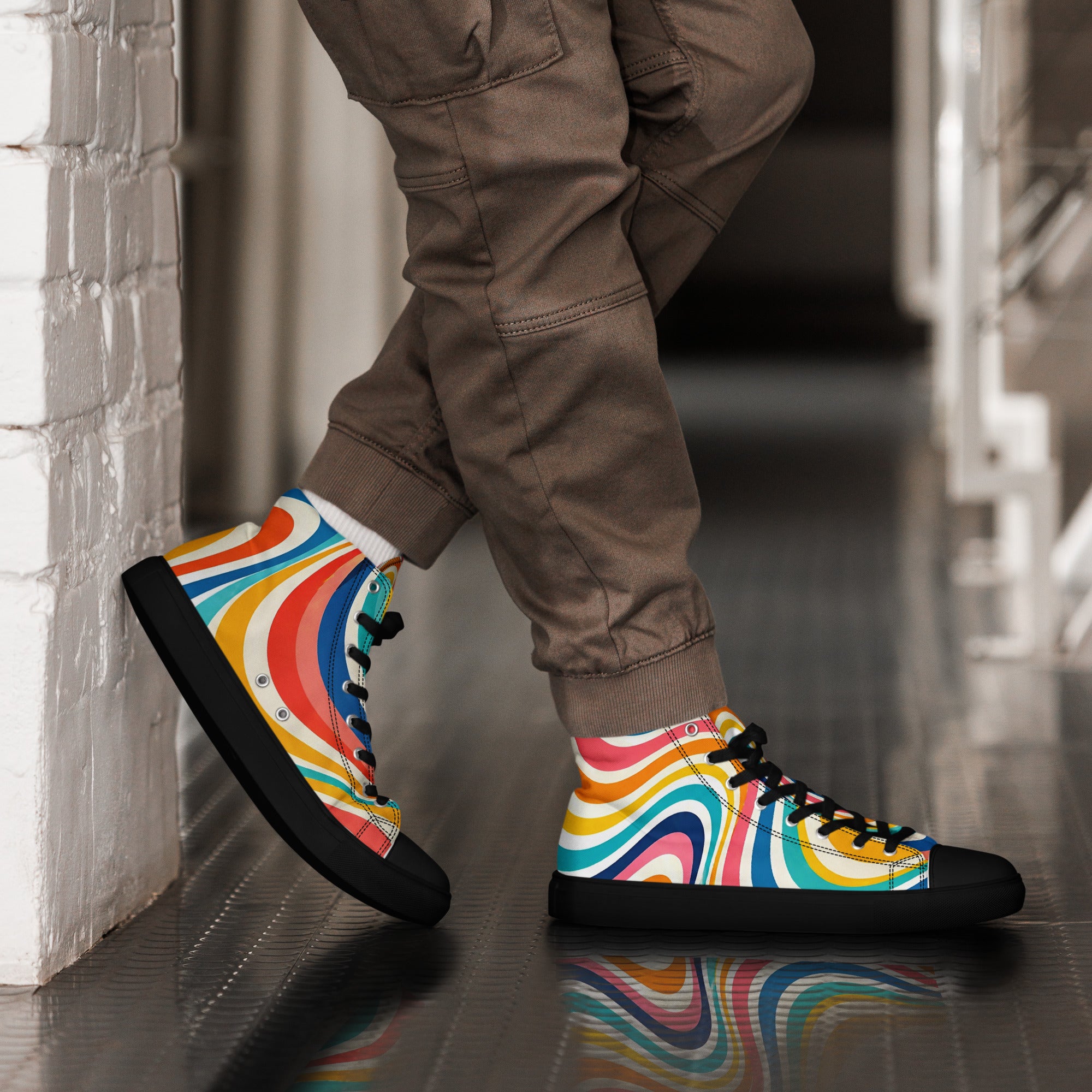 Men’s high top canvas shoes - Retro Flow: Men’s High Top Canvas Shoes - Vibrant Psychedelic Wave Design by printfluence.net