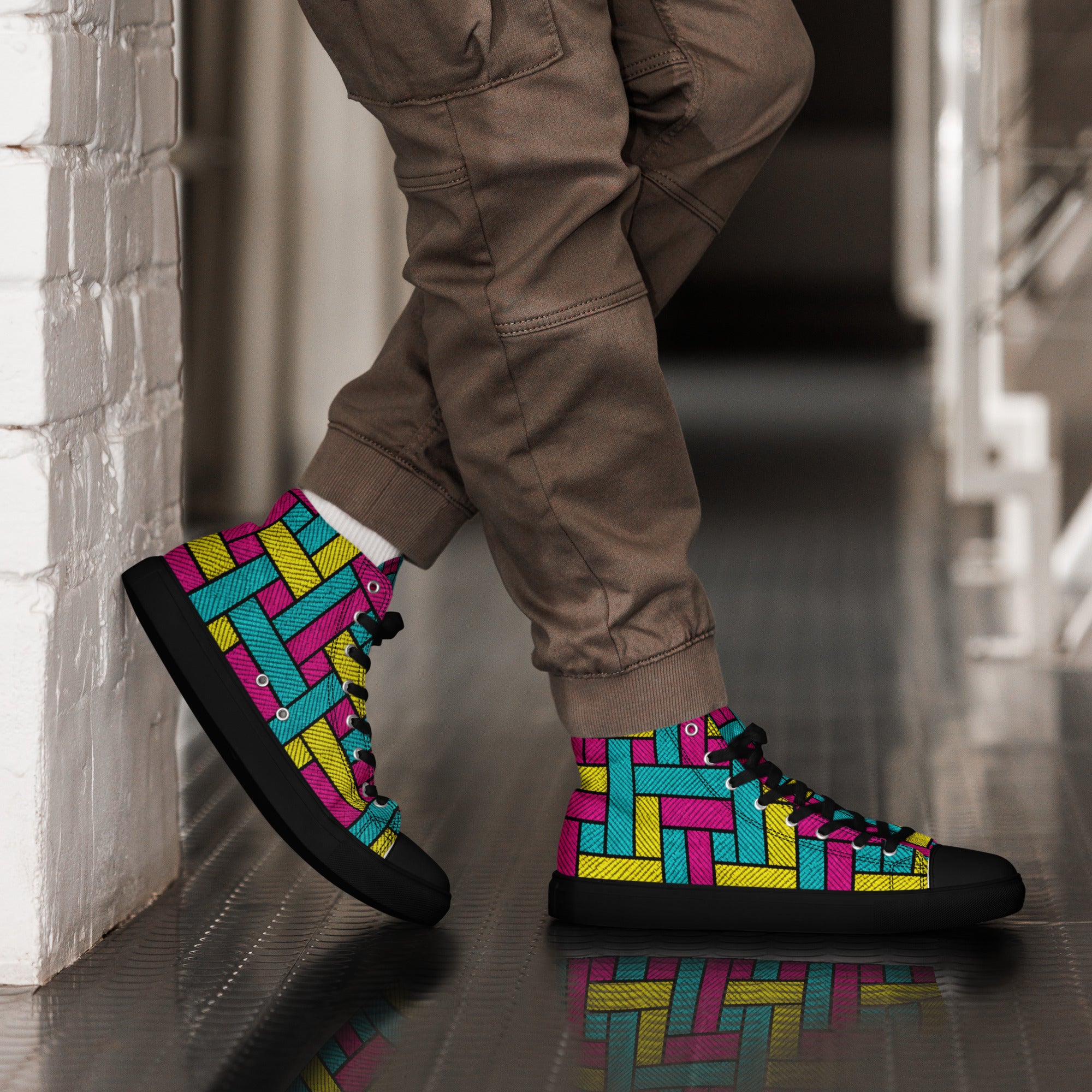 Men’s high top canvas shoes - Vibrant Weave: Men’s High Top Canvas Shoes - Neon Retro Woven Pattern Art by printfluence.net