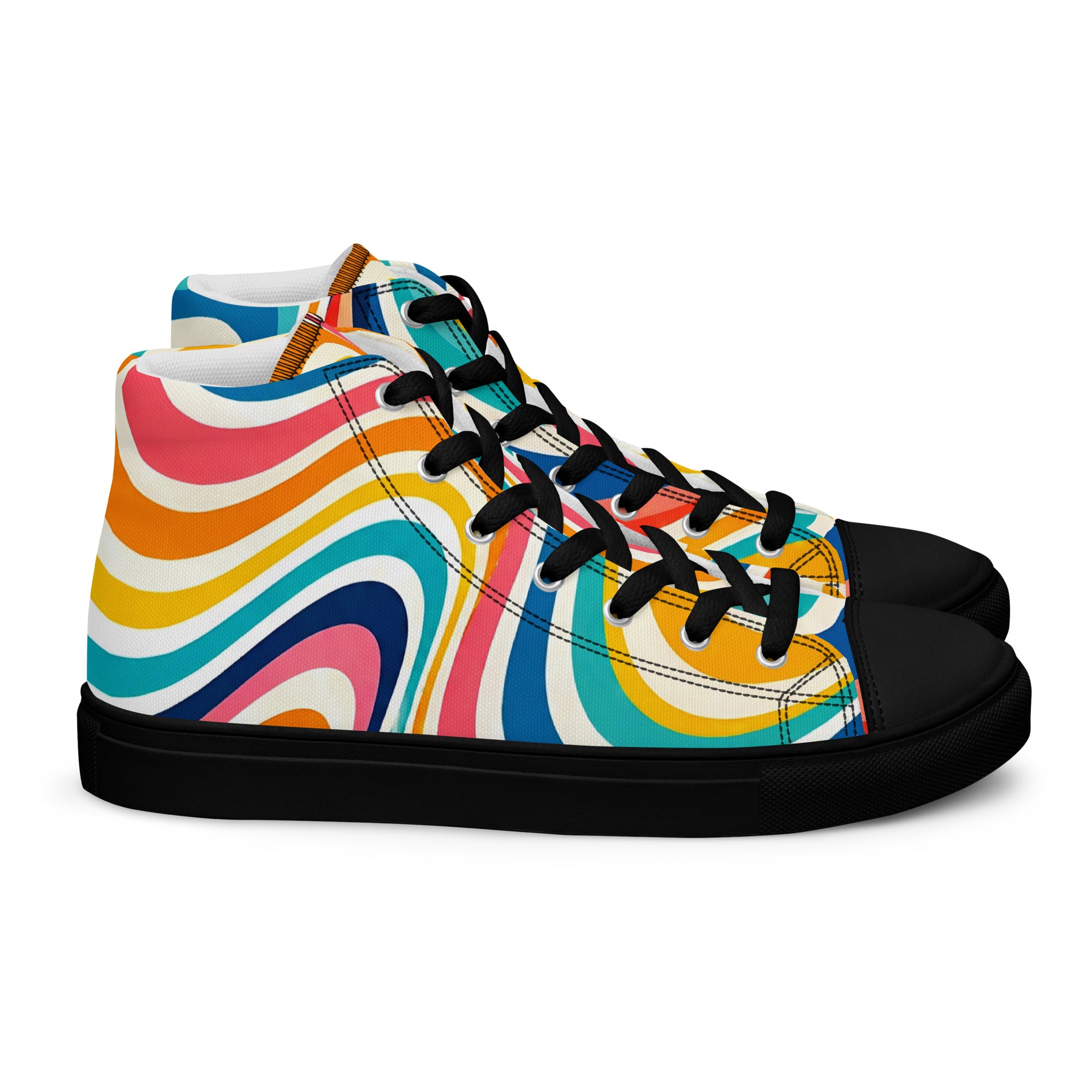 Men’s high top canvas shoes - Retro Flow: Men’s High Top Canvas Shoes - Vibrant Psychedelic Wave Design by printfluence.net