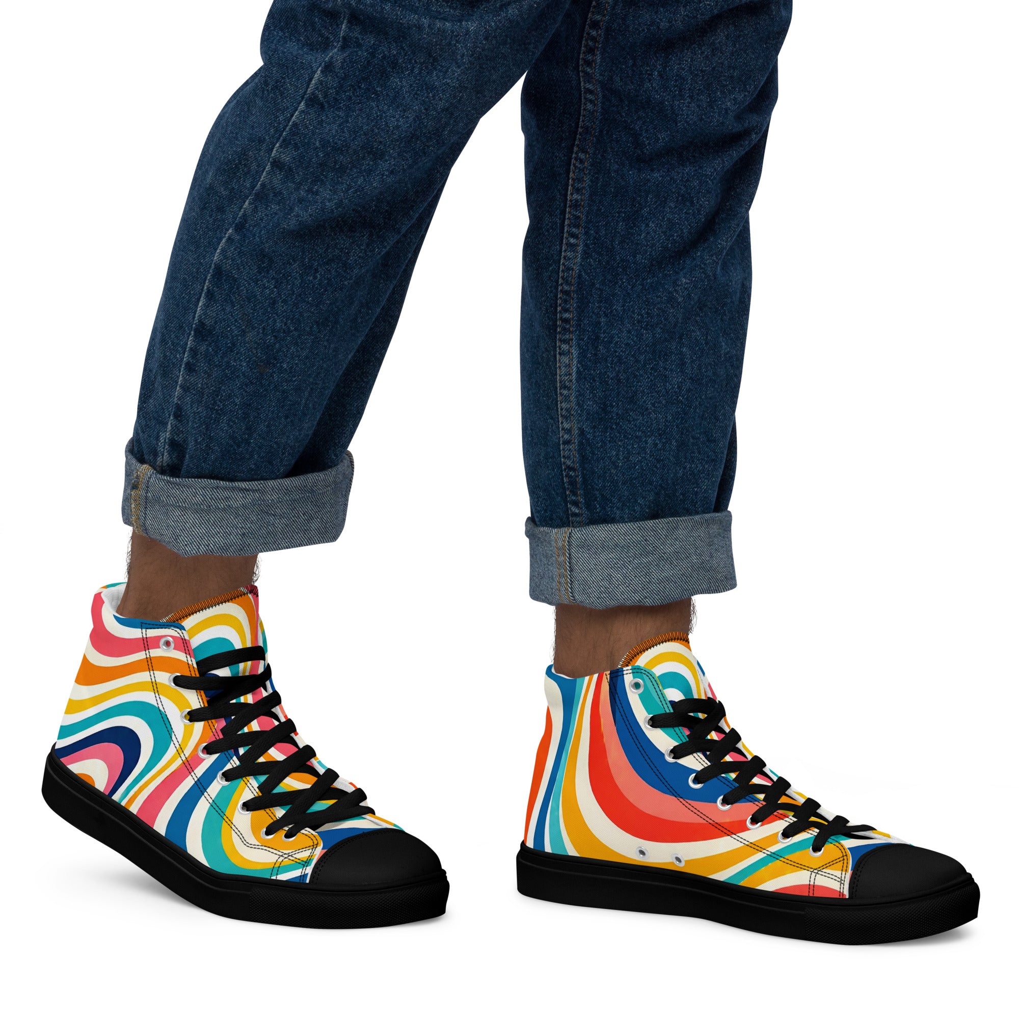 Men’s high top canvas shoes - Retro Flow: Men’s High Top Canvas Shoes - Vibrant Psychedelic Wave Design by printfluence.net