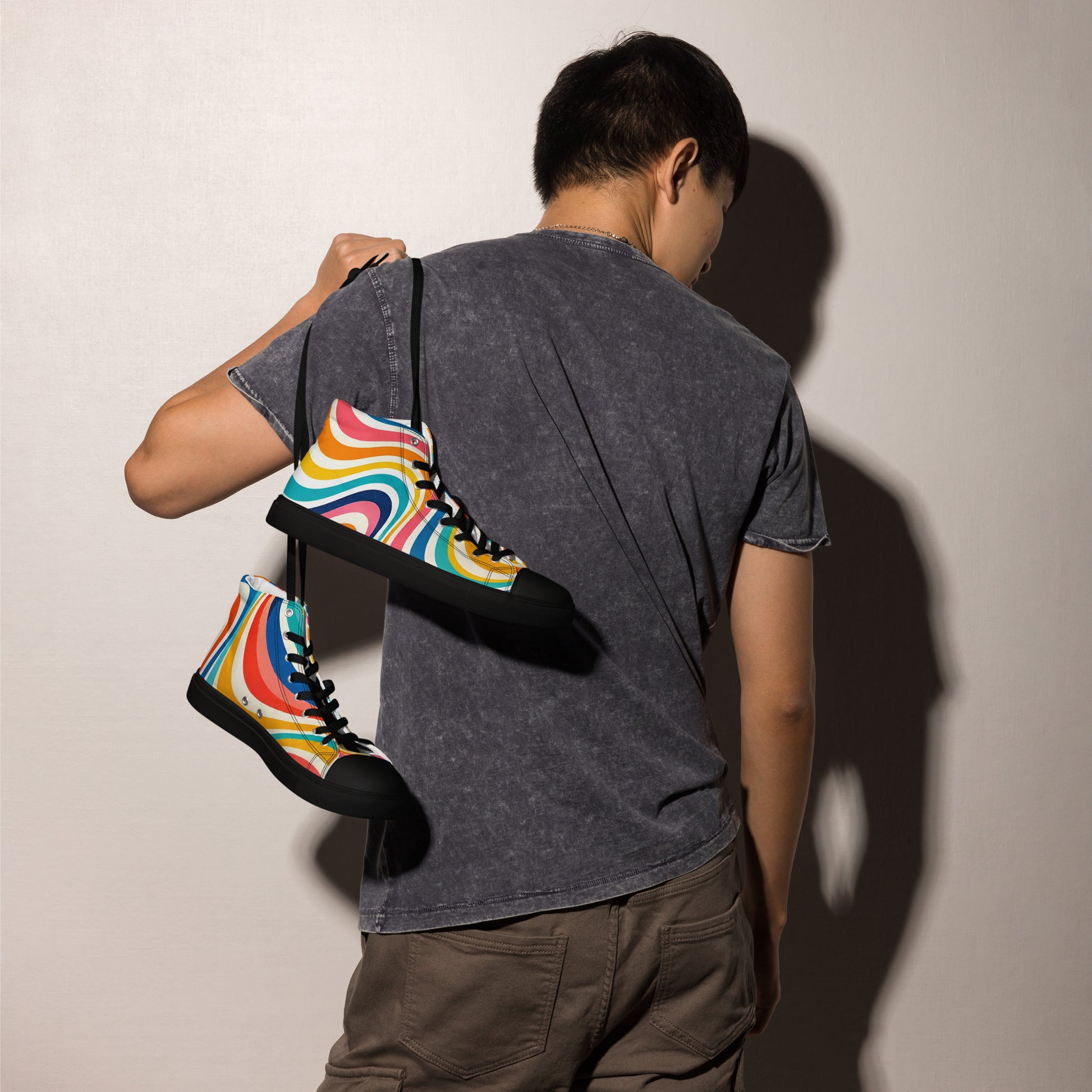 Men’s high top canvas shoes - Retro Flow: Men’s High Top Canvas Shoes - Vibrant Psychedelic Wave Design by printfluence.net