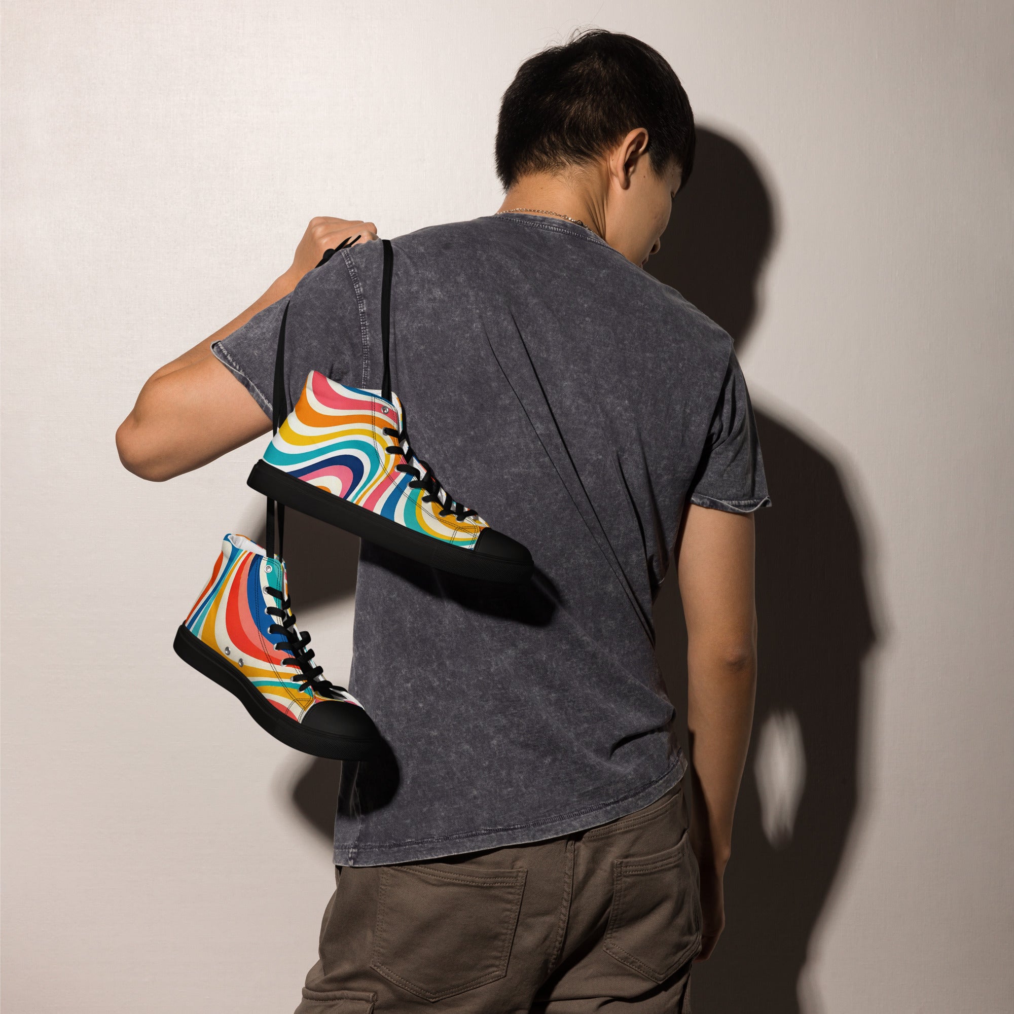 Men’s high top canvas shoes - Retro Flow: Men’s High Top Canvas Shoes - Vibrant Psychedelic Wave Design by printfluence.net