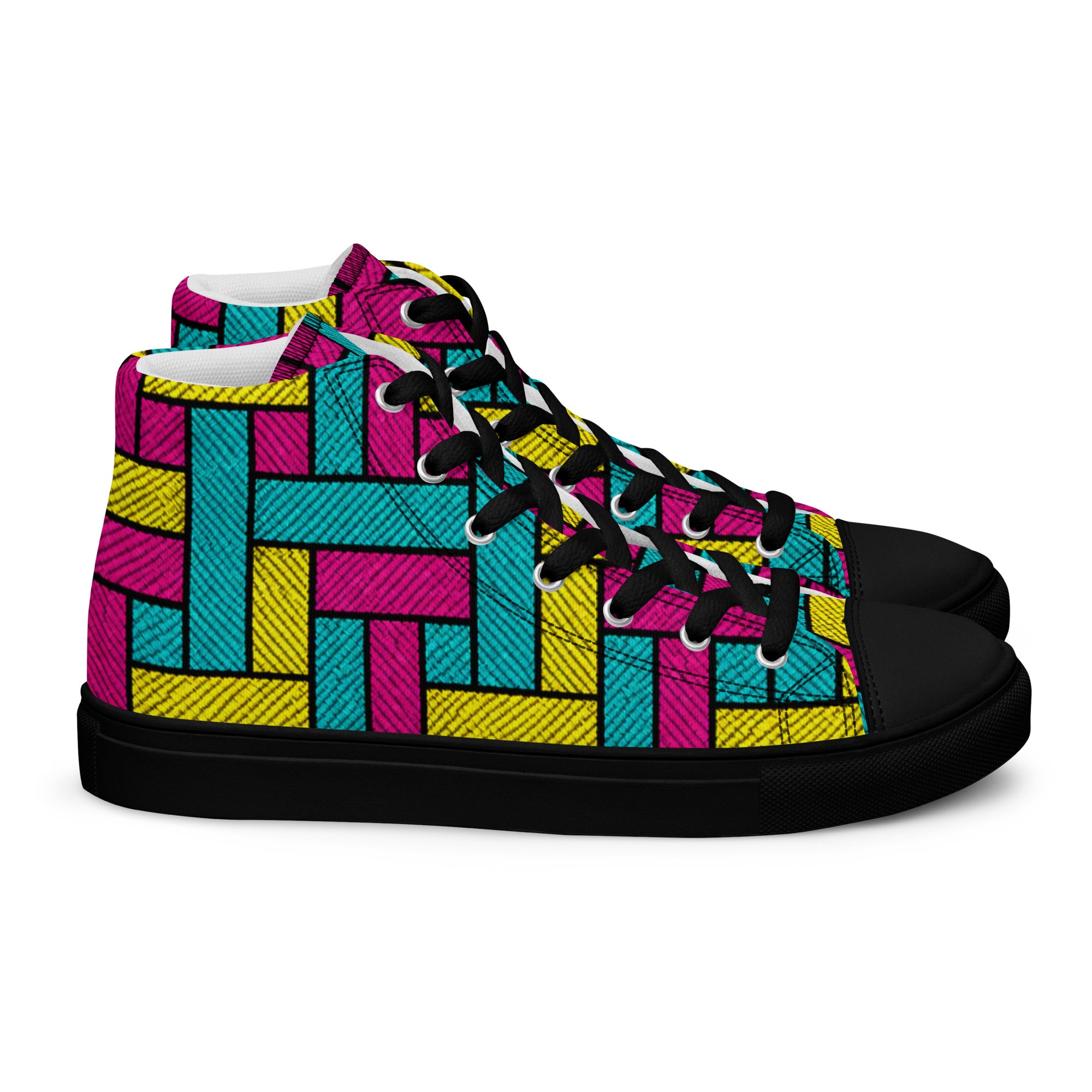 Men’s high top canvas shoes - Vibrant Weave: Men’s High Top Canvas Shoes - Neon Retro Woven Pattern Art by printfluence.net