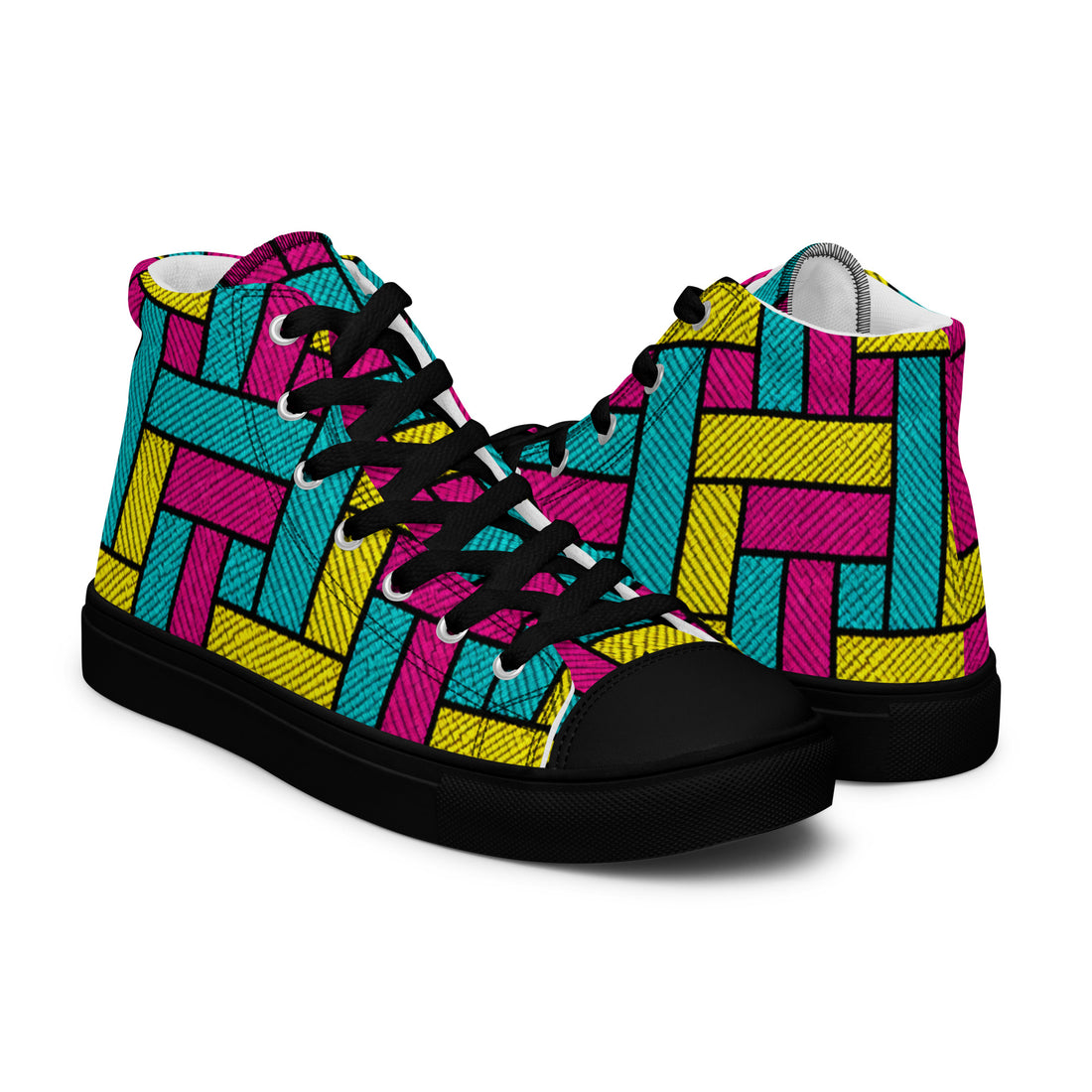 Men’s high top canvas shoes - Vibrant Weave: Men’s High Top Canvas Shoes - Neon Retro Woven Pattern Art by printfluence.net