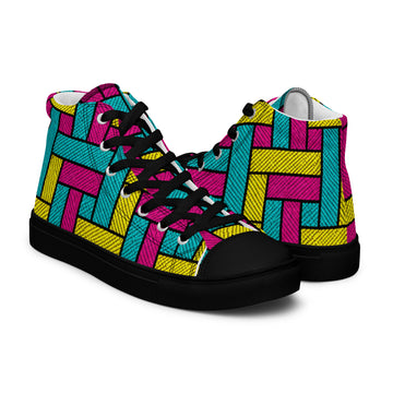 Men’s high top canvas shoes - Vibrant Weave: Men’s High Top Canvas Shoes - Neon Retro Woven Pattern Art by printfluence.net
