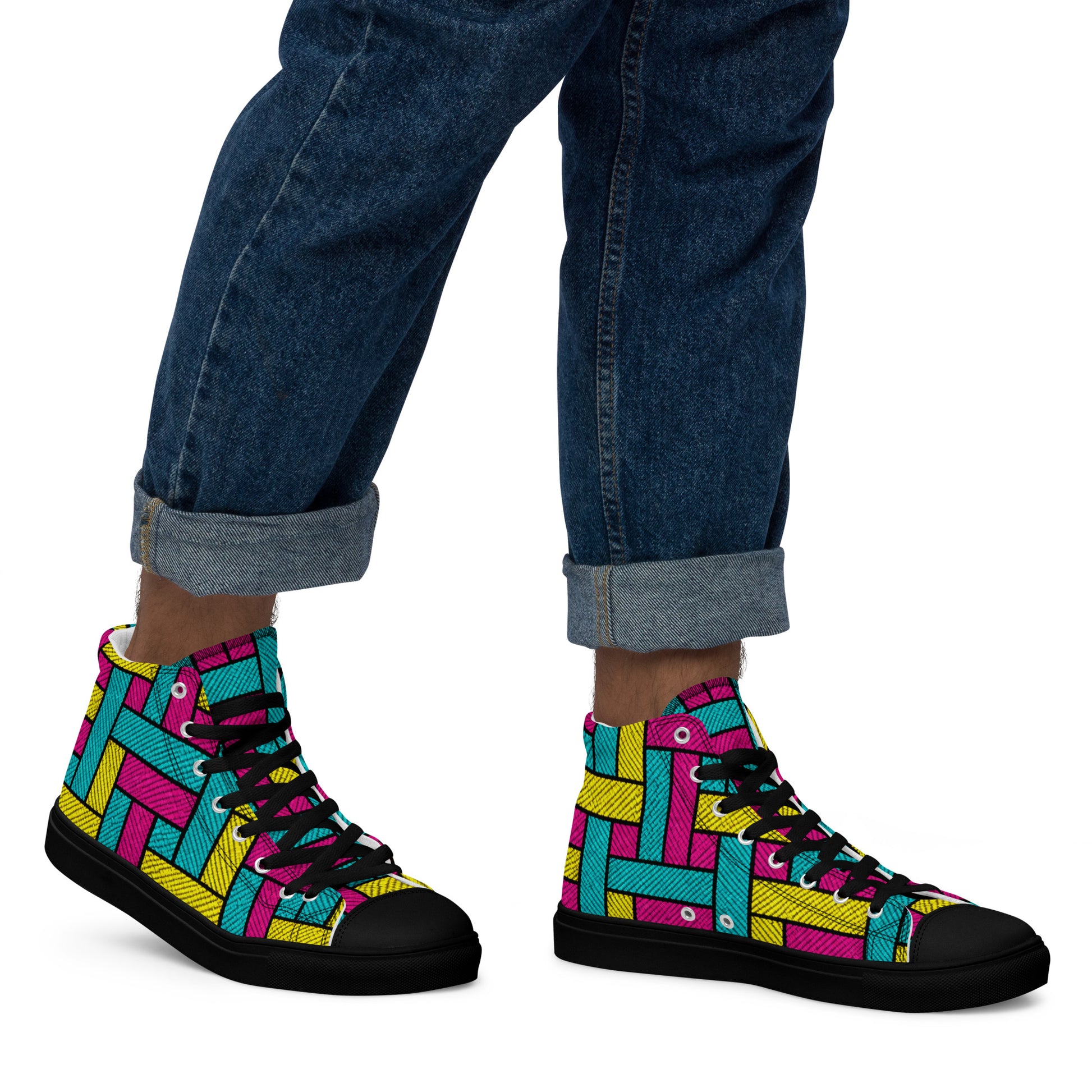 Men’s high top canvas shoes - Vibrant Weave: Men’s High Top Canvas Shoes - Neon Retro Woven Pattern Art by printfluence.net