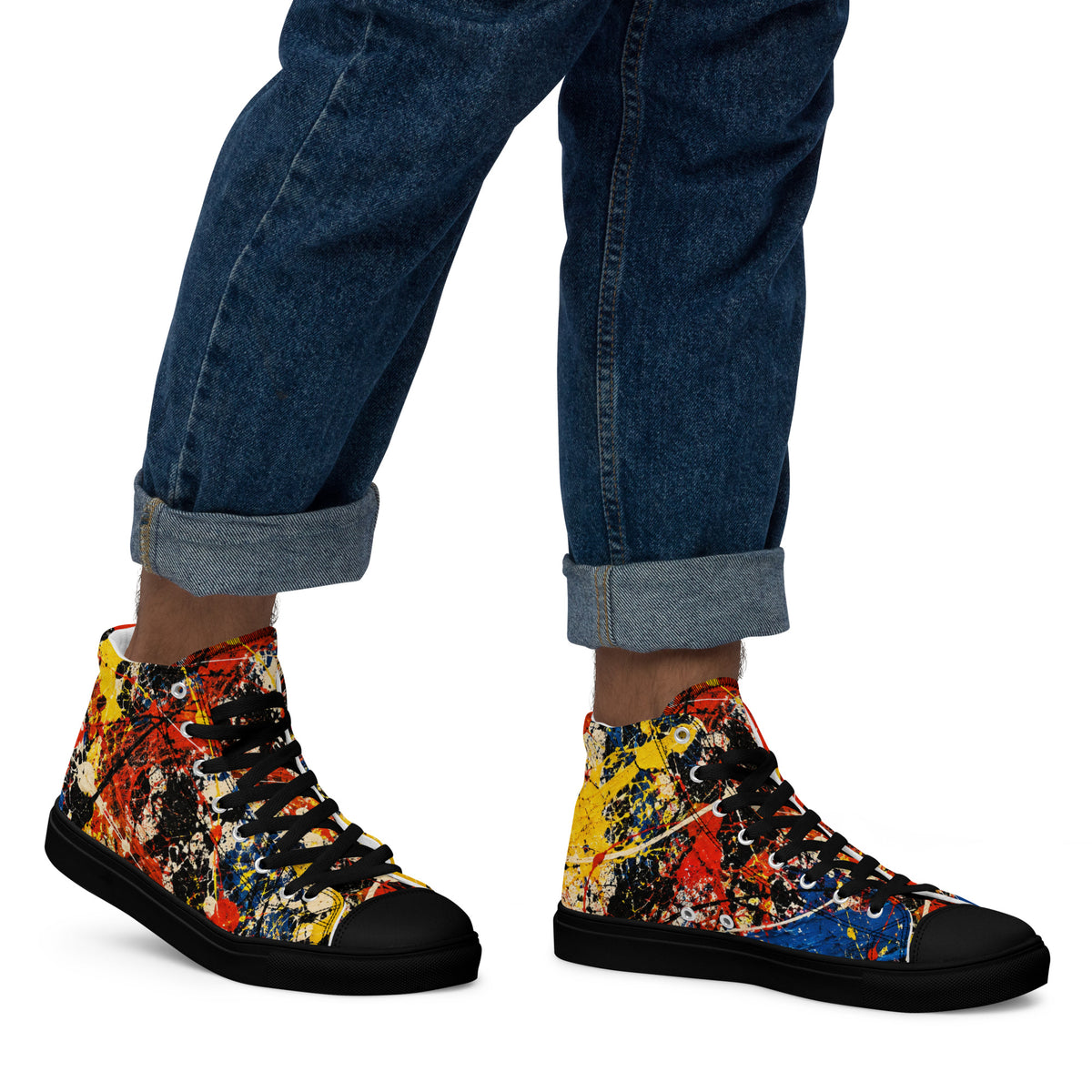 Heritage Bloom Lovers | Men’s High-Top Canvas Shoes — Abstract Expressionist Action Painting Splatter Pattern by printfluence