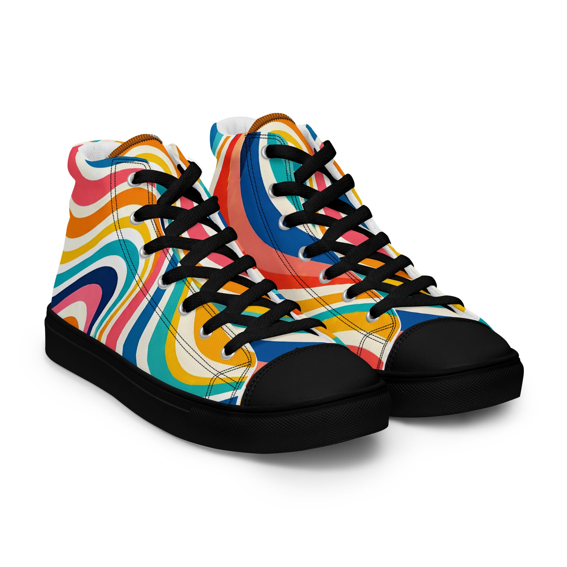 Men’s high top canvas shoes - Retro Flow: Men’s High Top Canvas Shoes - Vibrant Psychedelic Wave Design by printfluence.net