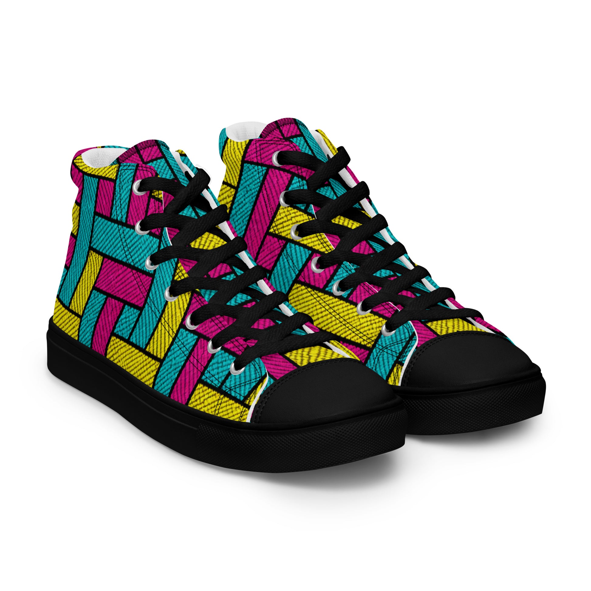 Men’s high top canvas shoes - Vibrant Weave: Men’s High Top Canvas Shoes - Neon Retro Woven Pattern Art by printfluence.net