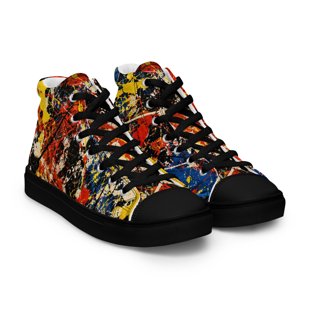 Heritage Bloom Lovers | Men’s High-Top Canvas Shoes — Abstract Expressionist Action Painting Splatter Pattern by printfluence