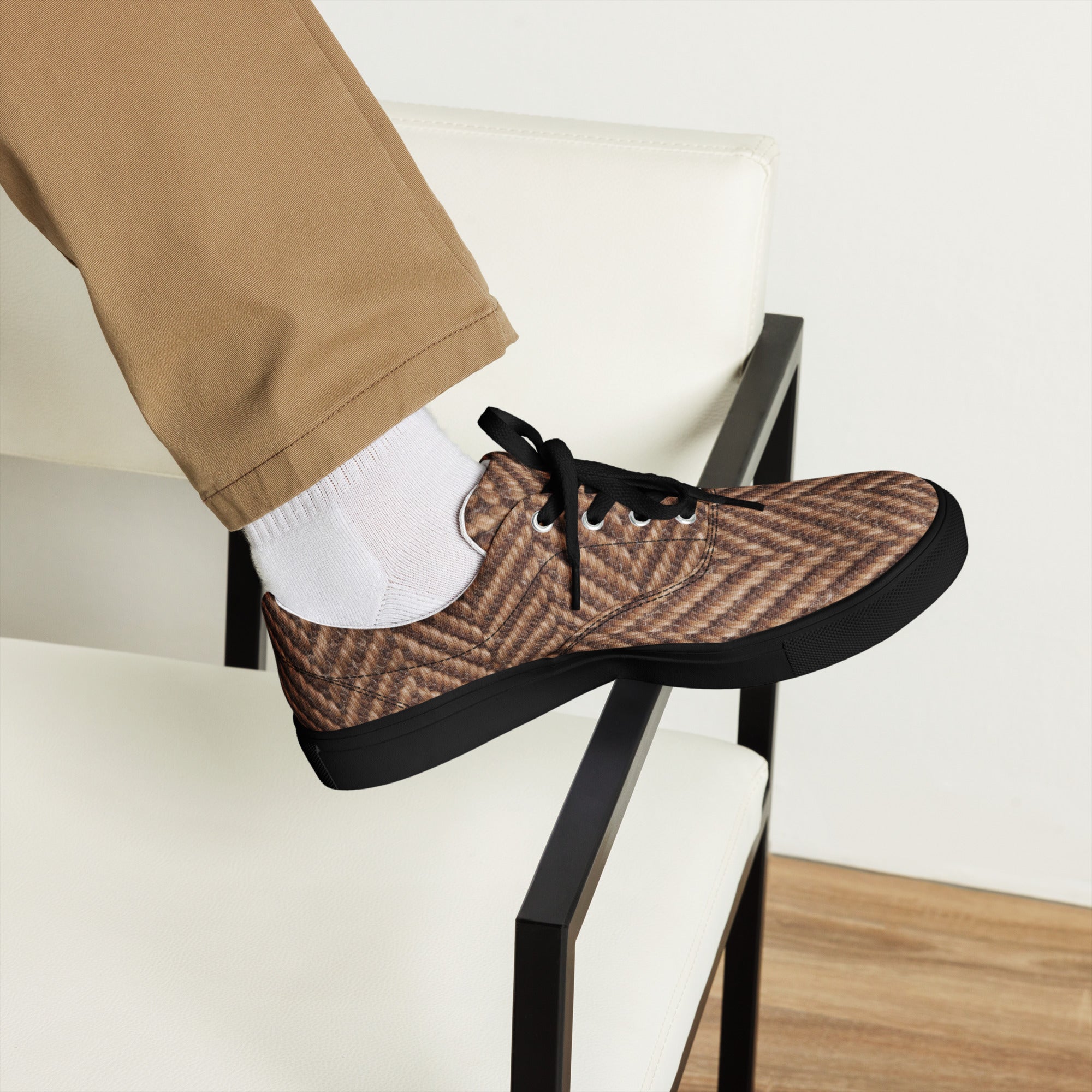 Men’s lace-up canvas shoes - Classic Heritage: Men’s Lace-Up Canvas Shoes - Brown Herringbone Texture by printfluence.net