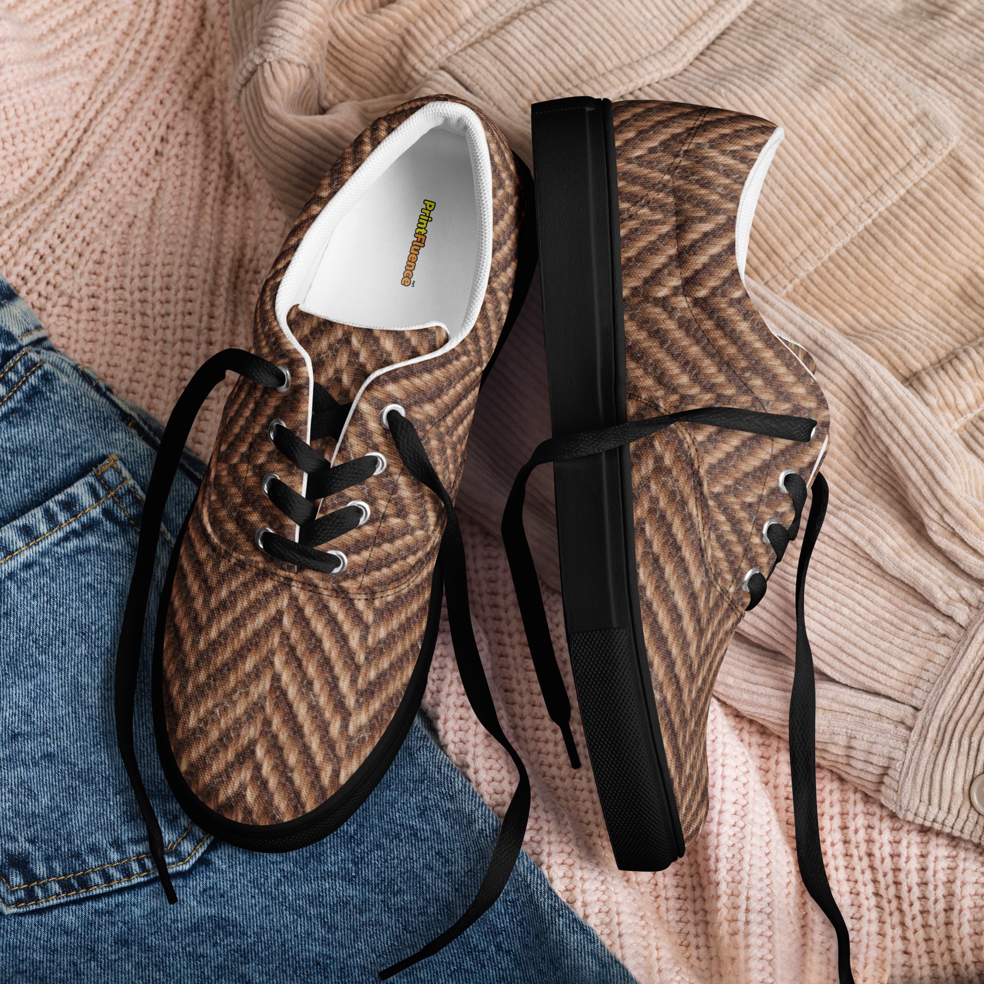 Men’s lace-up canvas shoes - Classic Heritage: Men’s Lace-Up Canvas Shoes - Brown Herringbone Texture by printfluence.net