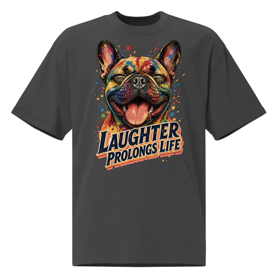 Frenchie Laughter Graphic Tee - Oversized Faded French Bulldog Lovers T-Shirt T-8 by printfluence.net