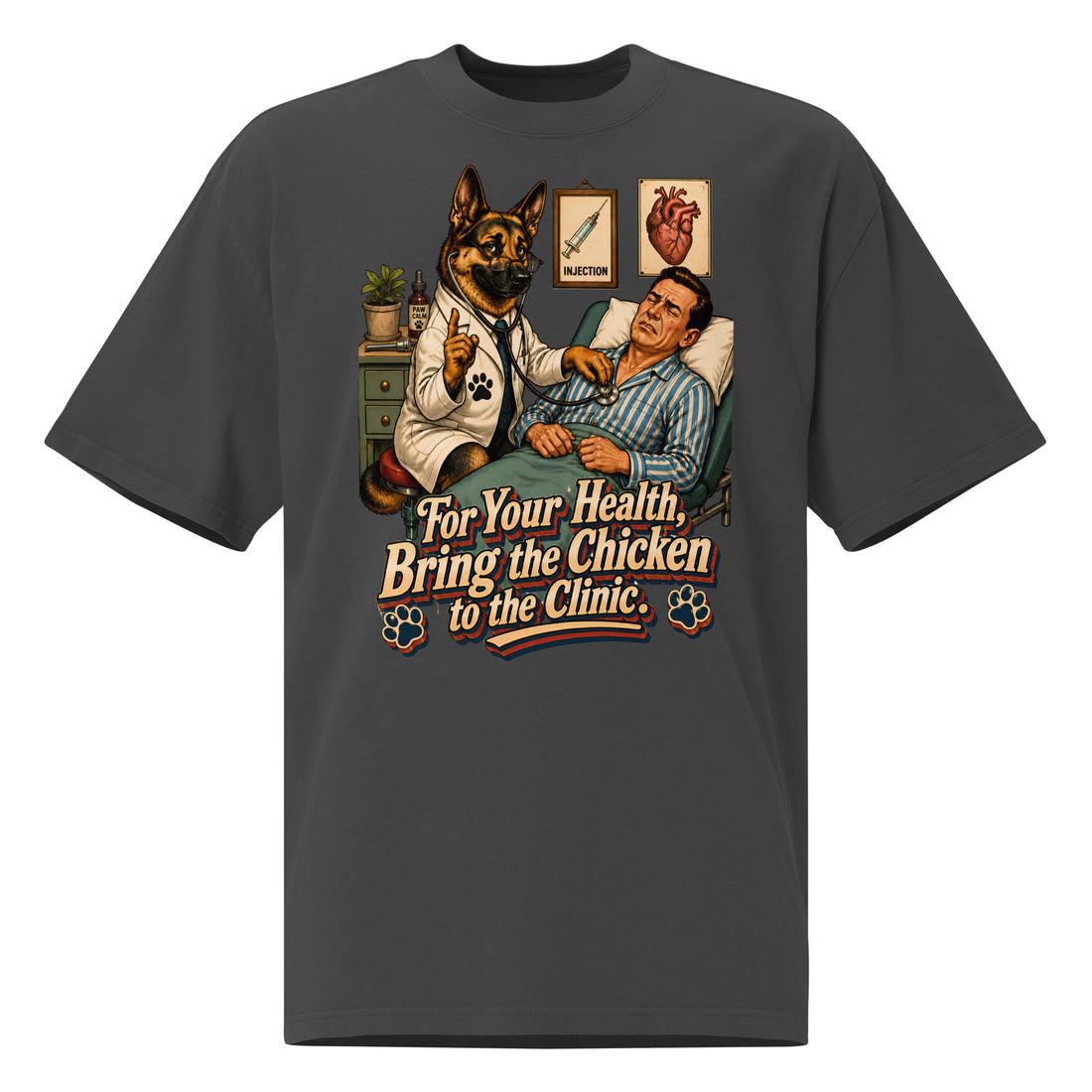For Your Health Bring the Chicken Graphic Oversized Faded T-Shirt | Vintage German Shepherd Unisex Tee T-8 by printfluence.net