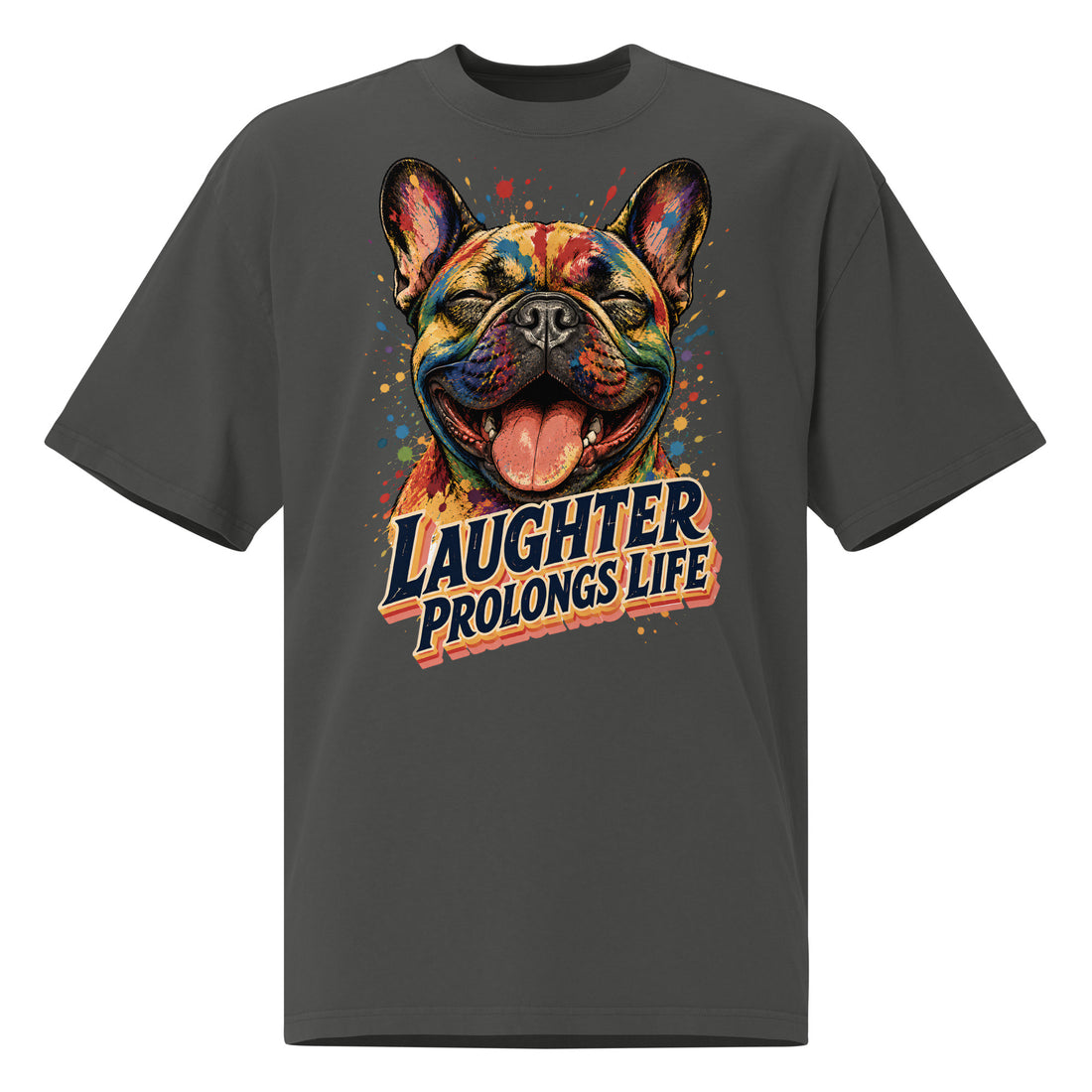 Frenchie Laughter Graphic Tee - Oversized Faded French Bulldog Lovers T-Shirt T-8 by printfluence.net