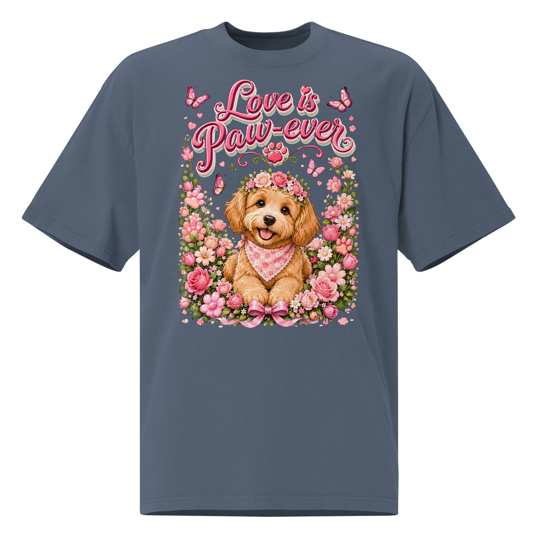 Love is Paw-ever Floral Puppy Oversized Faded T-Shirt - Cute Golden Dog Lover Vintage Tee by printfluence.net