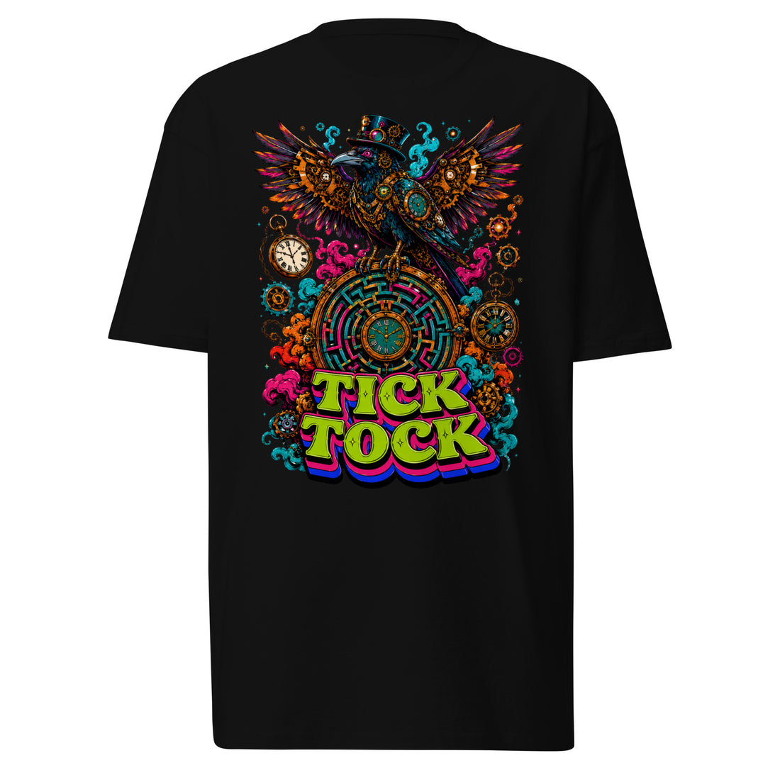 Steampunk and Mechanical Art Lovers Men’s Premium Heavyweight Tee — "Tick Tock" Mechanical Crow and Clockwork Labyrinth Design by printfluence.net