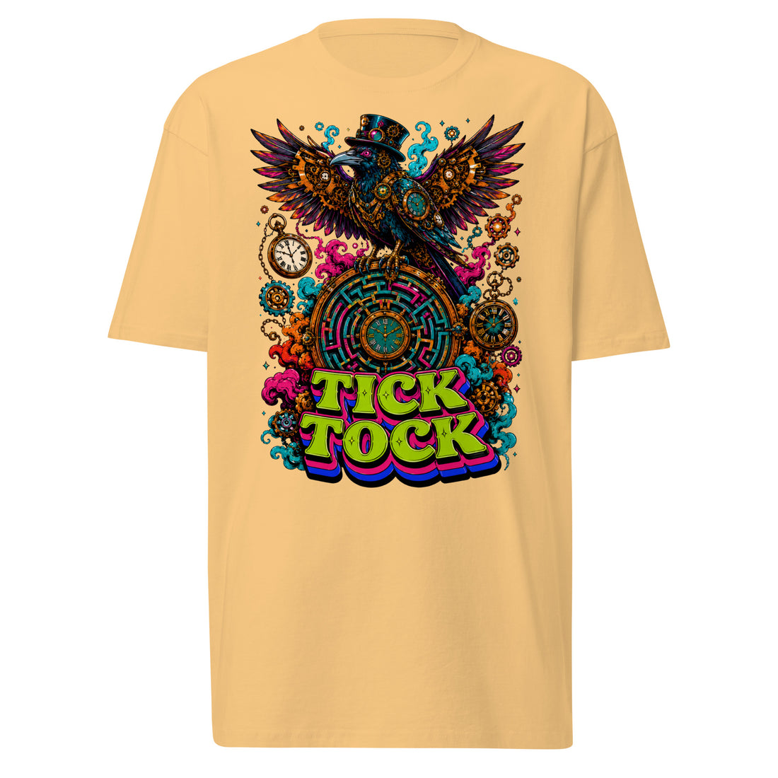 Steampunk and Mechanical Art Lovers Men’s Premium Heavyweight Tee — "Tick Tock" Mechanical Crow and Clockwork Labyrinth Design by printfluence.net