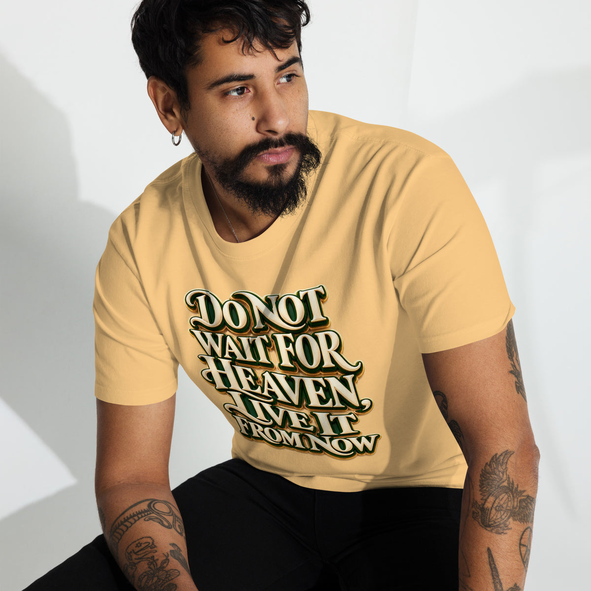 Inspirational Quotes Lovers | Men's Premium Heavyweight Tee — Do Not Wait For Heaven, Live It From Now by printfluence