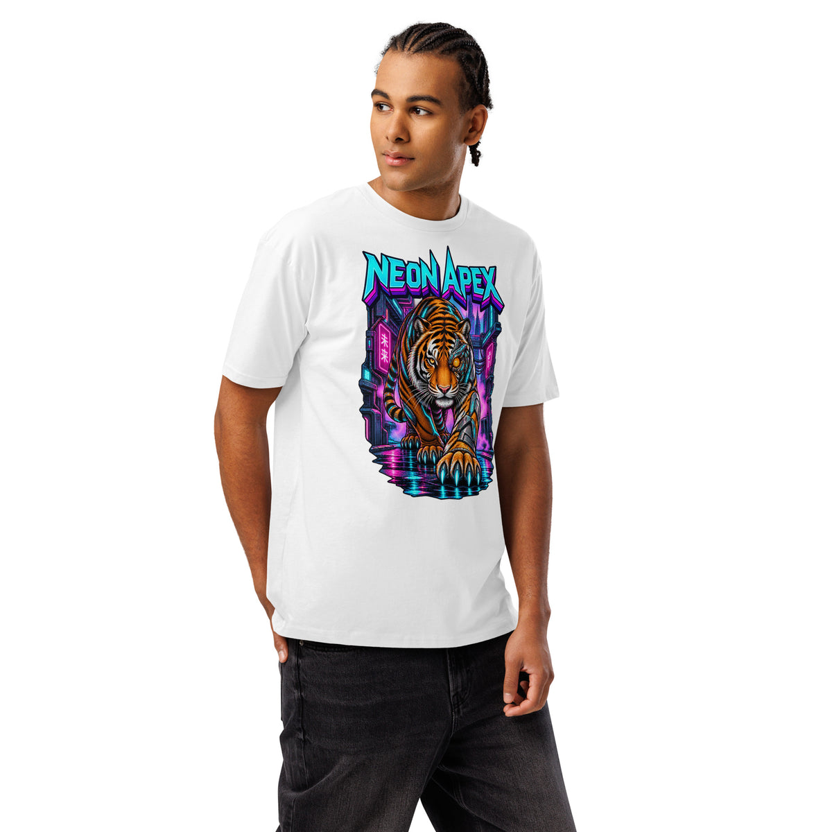 Cyberpunk Animals Lovers | Cotton Heritage MC1082 Men's Premium Short Sleeve Tee — NEON APEX by printfluence