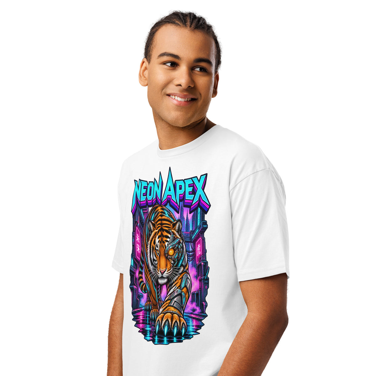 Cyberpunk Animals Lovers | Cotton Heritage MC1082 Men's Premium Short Sleeve Tee — NEON APEX by printfluence