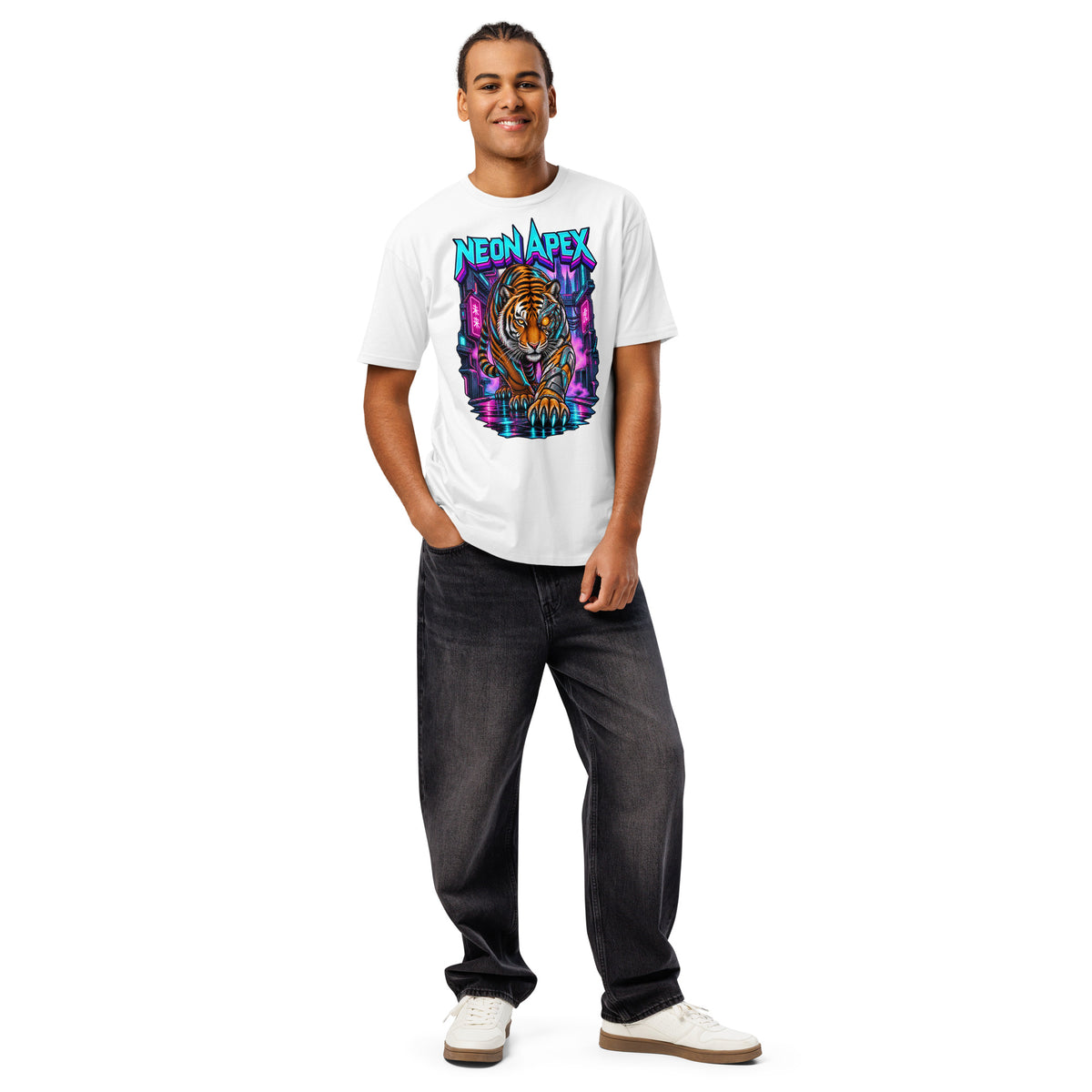Cyberpunk Animals Lovers | Cotton Heritage MC1082 Men's Premium Short Sleeve Tee — NEON APEX by printfluence