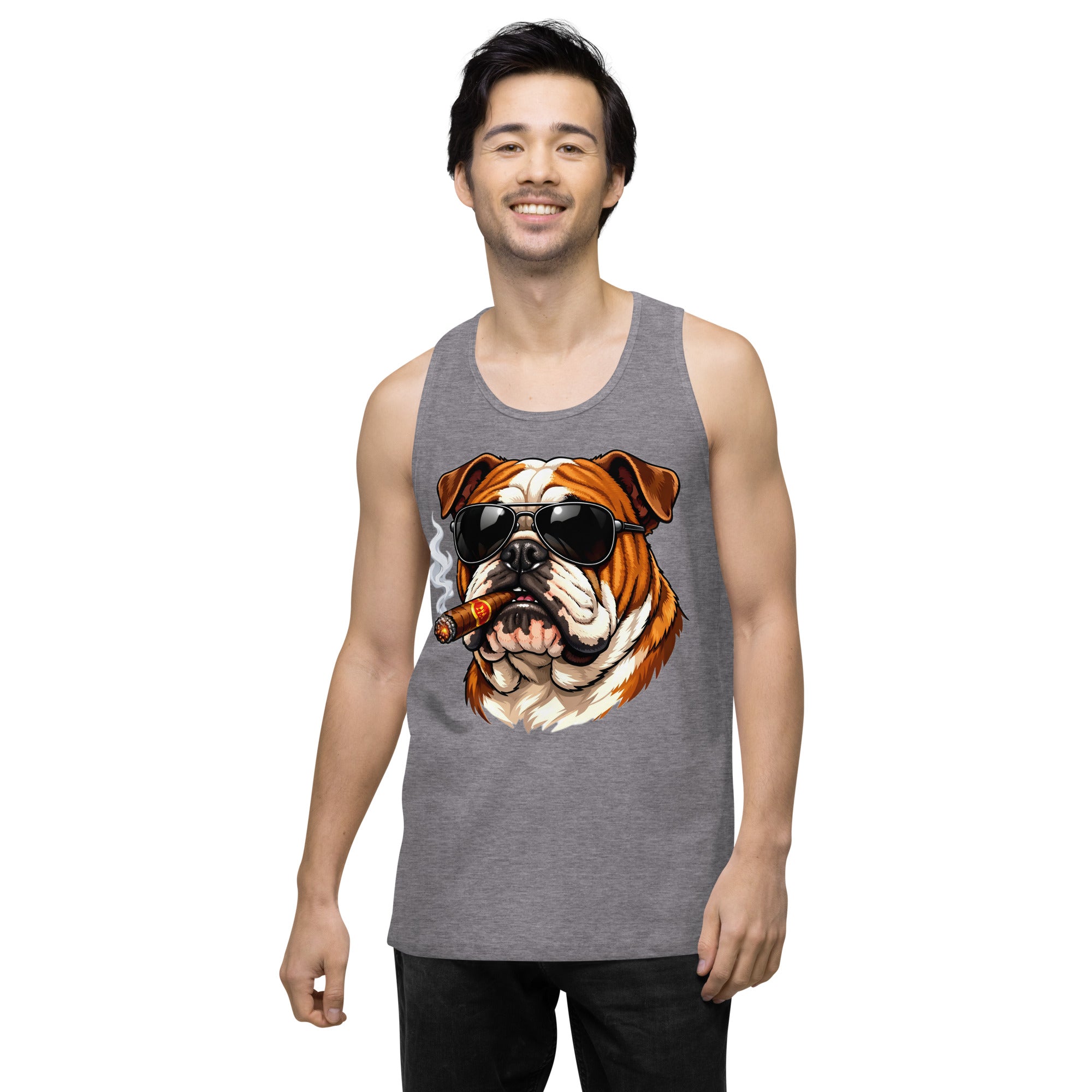 Men’s premium tank top - Cool Bulldog Boss - Aviator Shades & Cigar Premium Men's Tank Top by printfluence.net