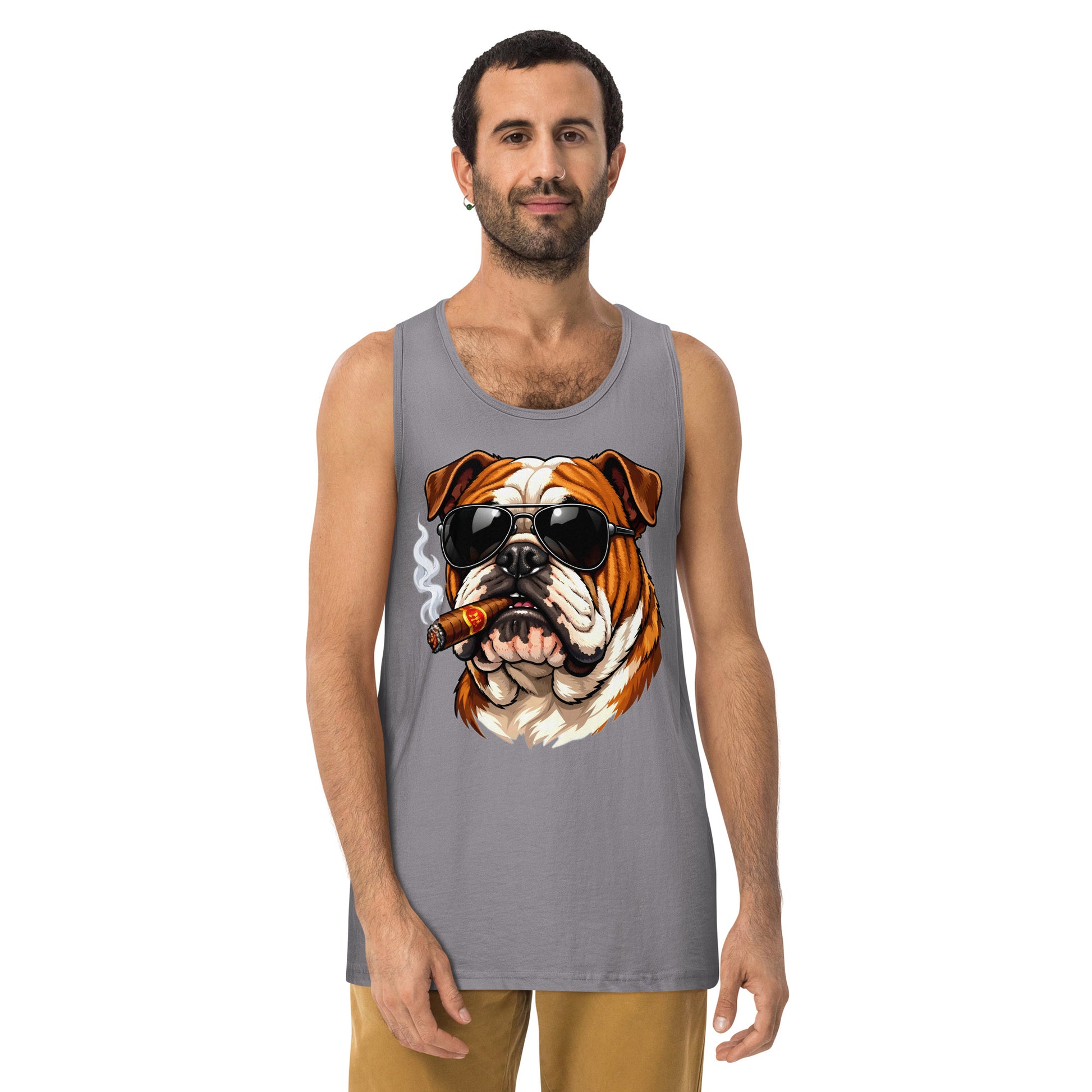 Men’s premium tank top - Cool Bulldog Boss - Aviator Shades & Cigar Premium Men's Tank Top by printfluence.net