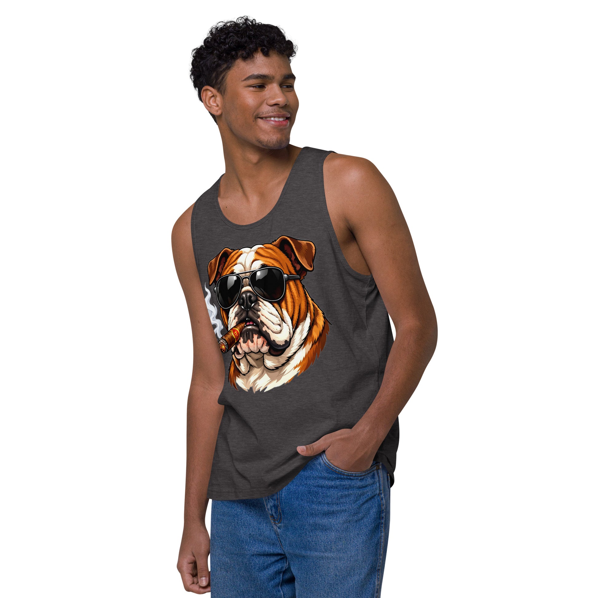 Men’s premium tank top - Cool Bulldog Boss - Aviator Shades & Cigar Premium Men's Tank Top by printfluence.net