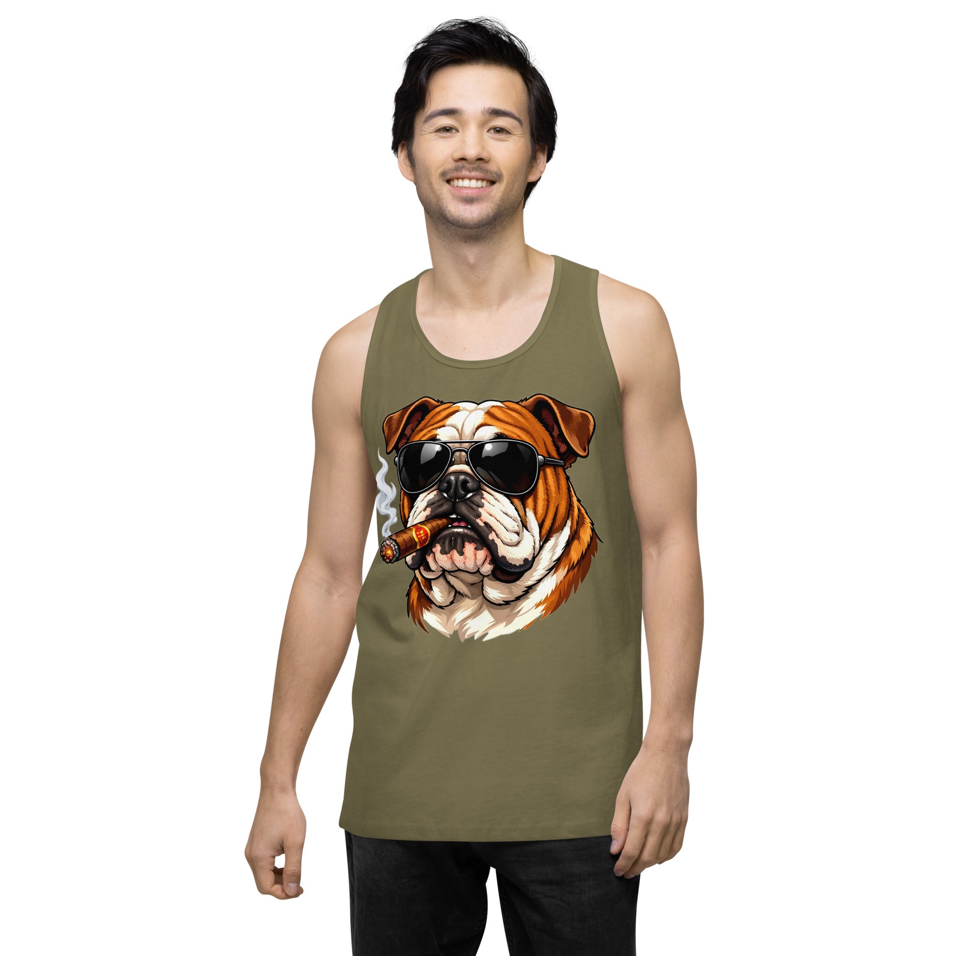 Men’s premium tank top - Cool Bulldog Boss - Aviator Shades & Cigar Premium Men's Tank Top by printfluence.net