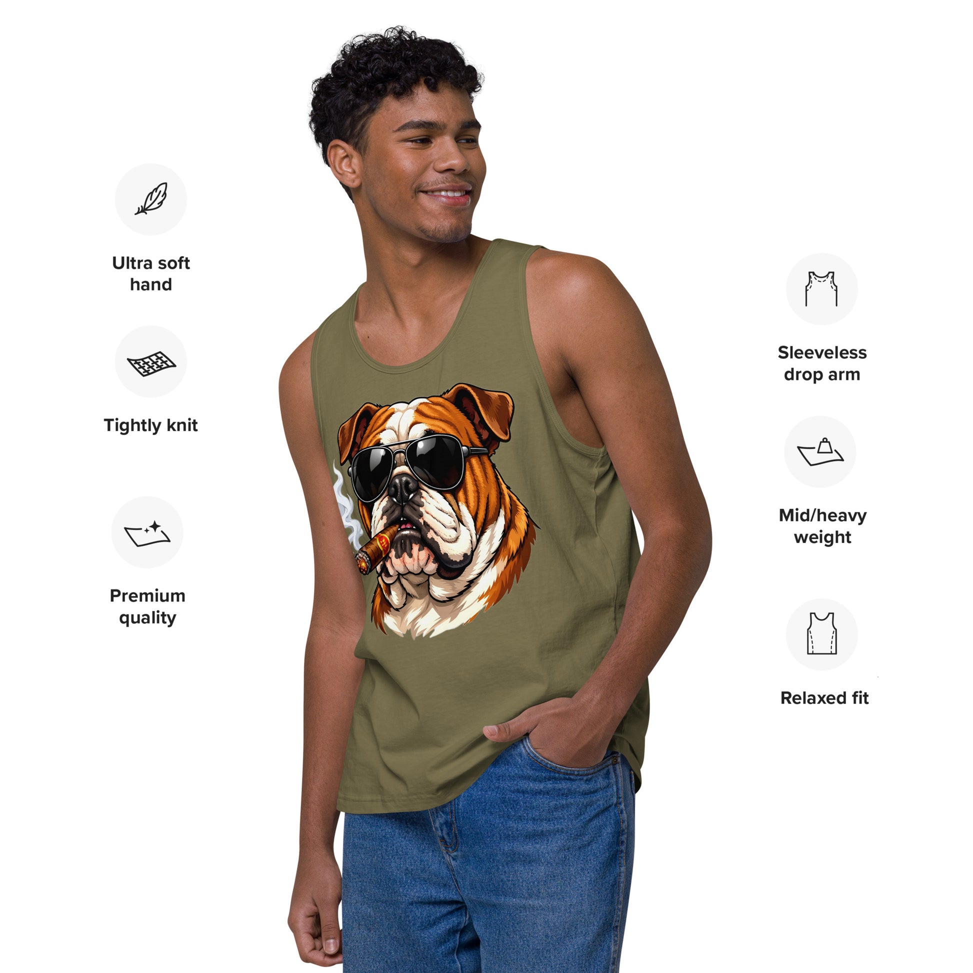 Men’s premium tank top - Cool Bulldog Boss - Aviator Shades & Cigar Premium Men's Tank Top by printfluence.net