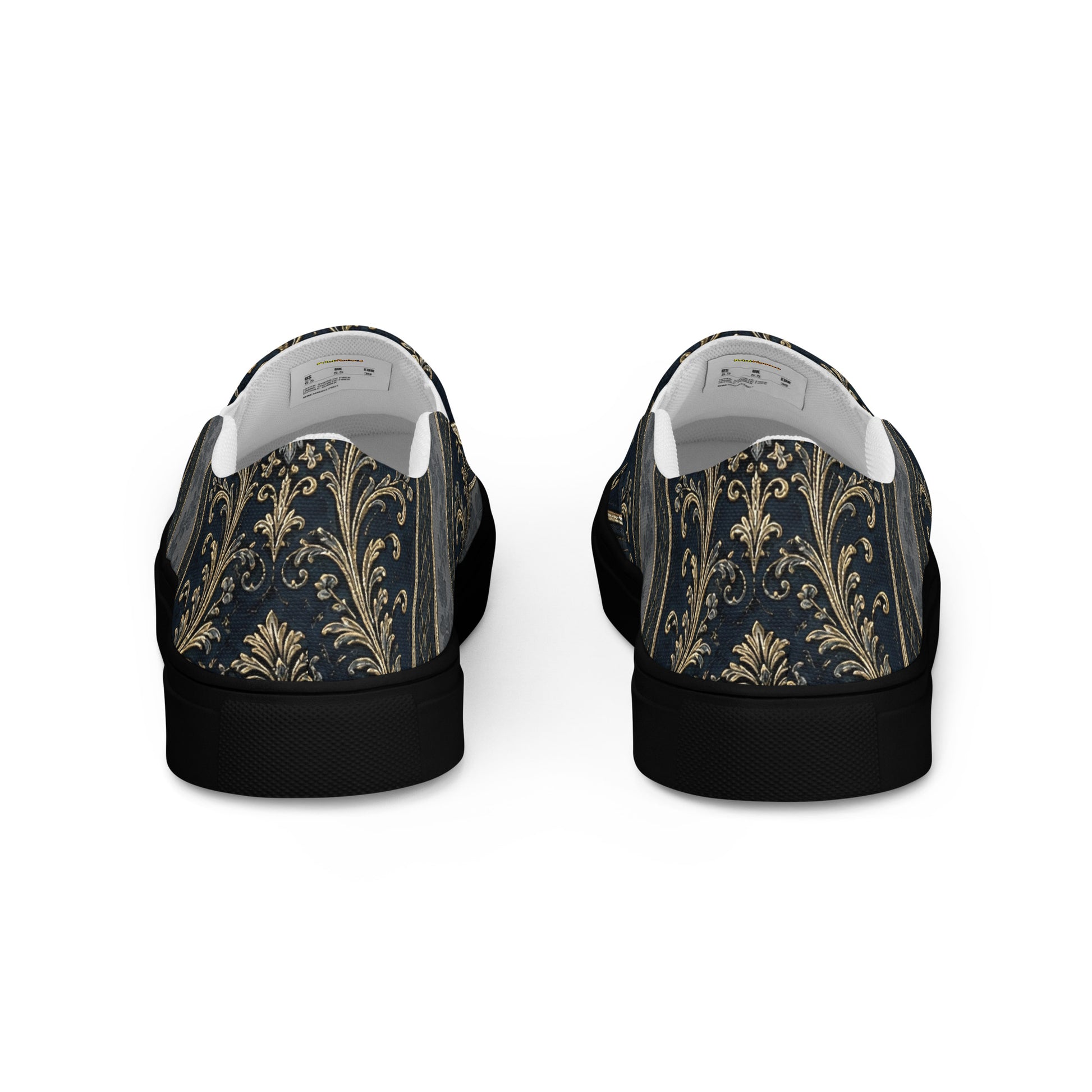 Men’s slip-on canvas shoes - Royal Midnight: Men’s Slip-On Canvas Shoes - Vintage Gold & Navy Baroque Art by printfluence.net