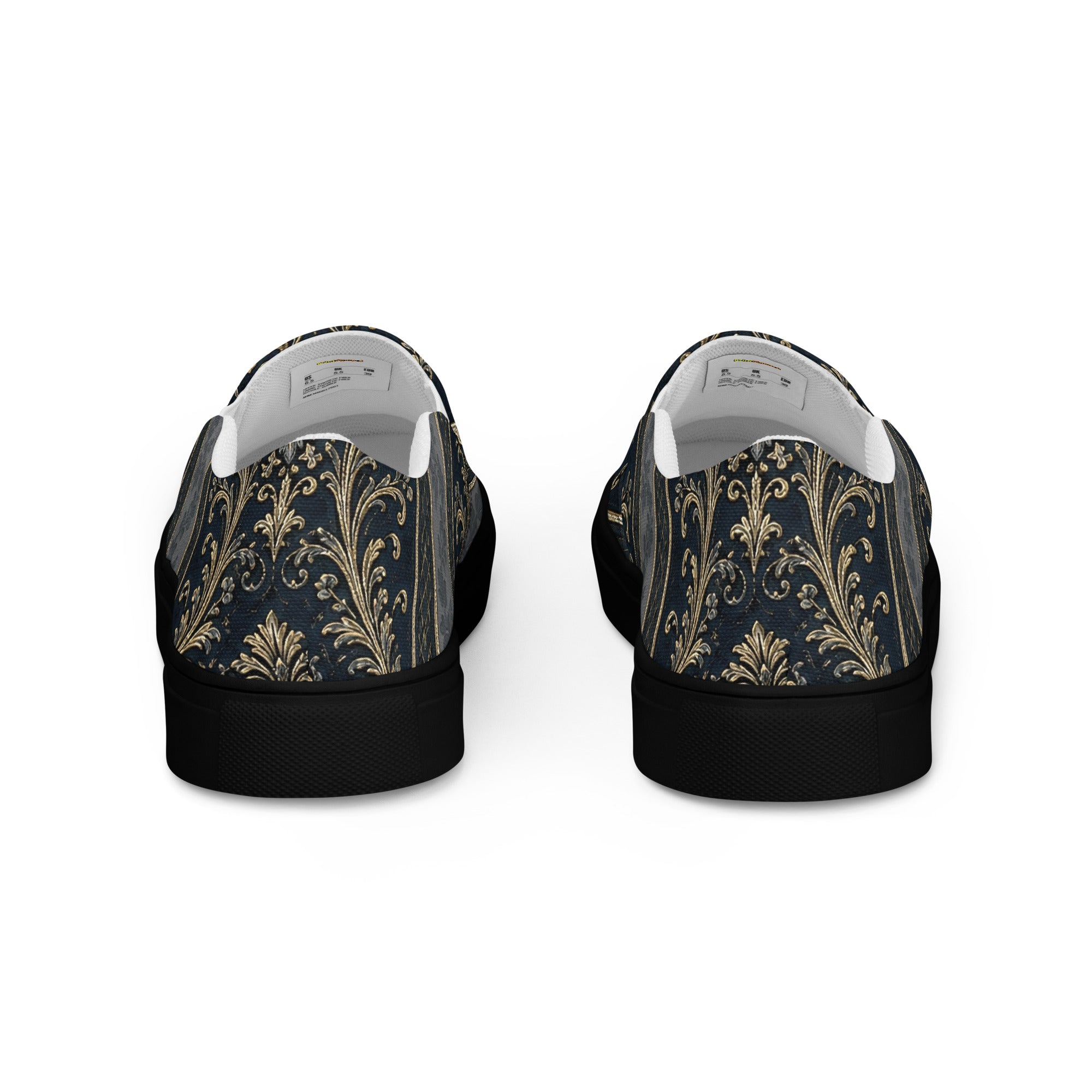 Men’s slip-on canvas shoes - Royal Midnight: Men’s Slip-On Canvas Shoes - Vintage Gold & Navy Baroque Art by printfluence.net