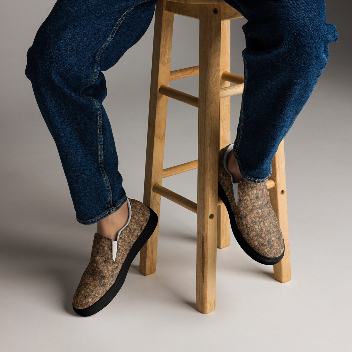 Heritage Bloom Lovers | Men’s Slip-On Canvas Shoes — Classic Brown Donegal Tweed Wool Textured Pattern by printfluence