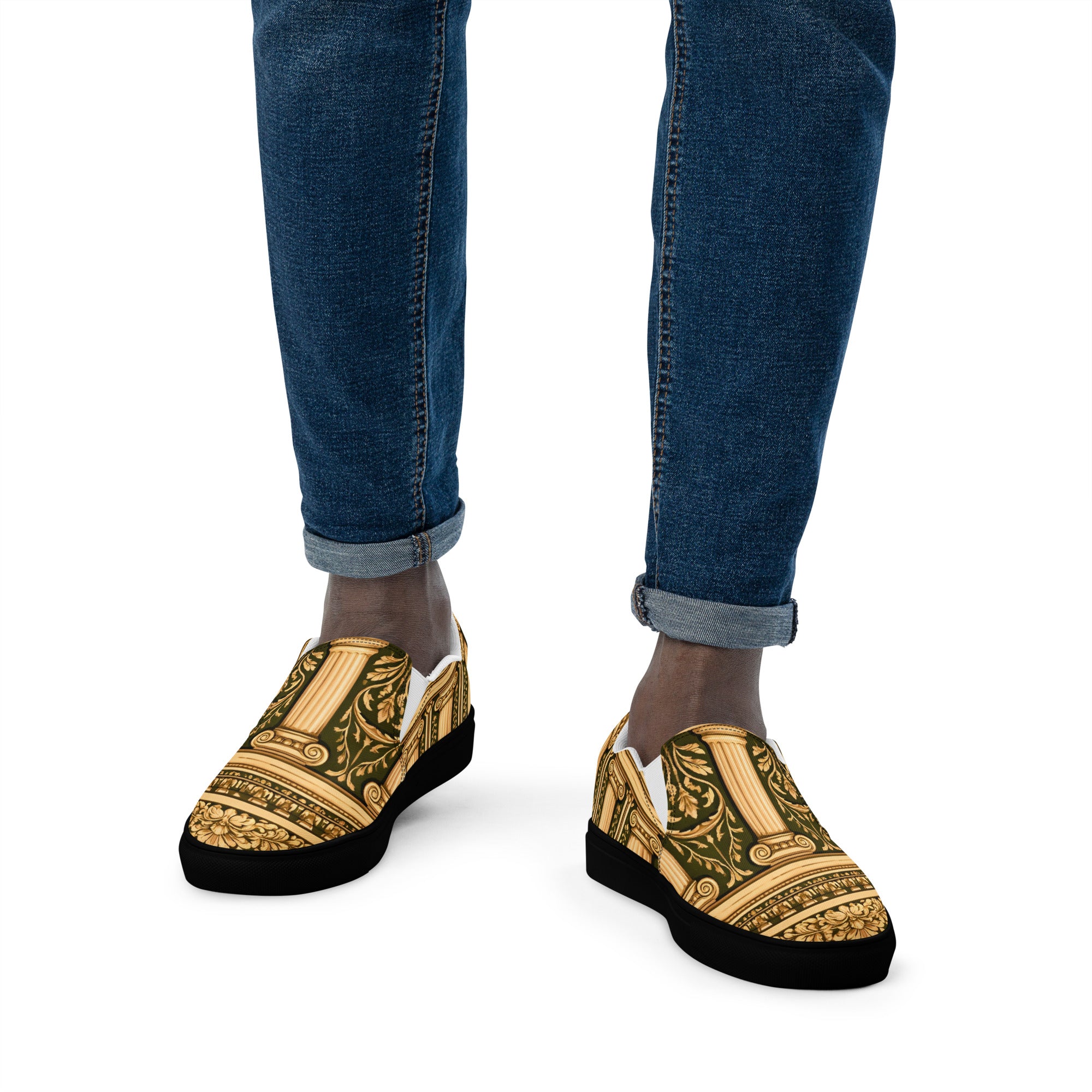 Men’s slip-on canvas shoes - Neoclassical Columns Slip-On Canvas Shoes – Elegant Gold Greek Pattern Men’s by printfluence.net