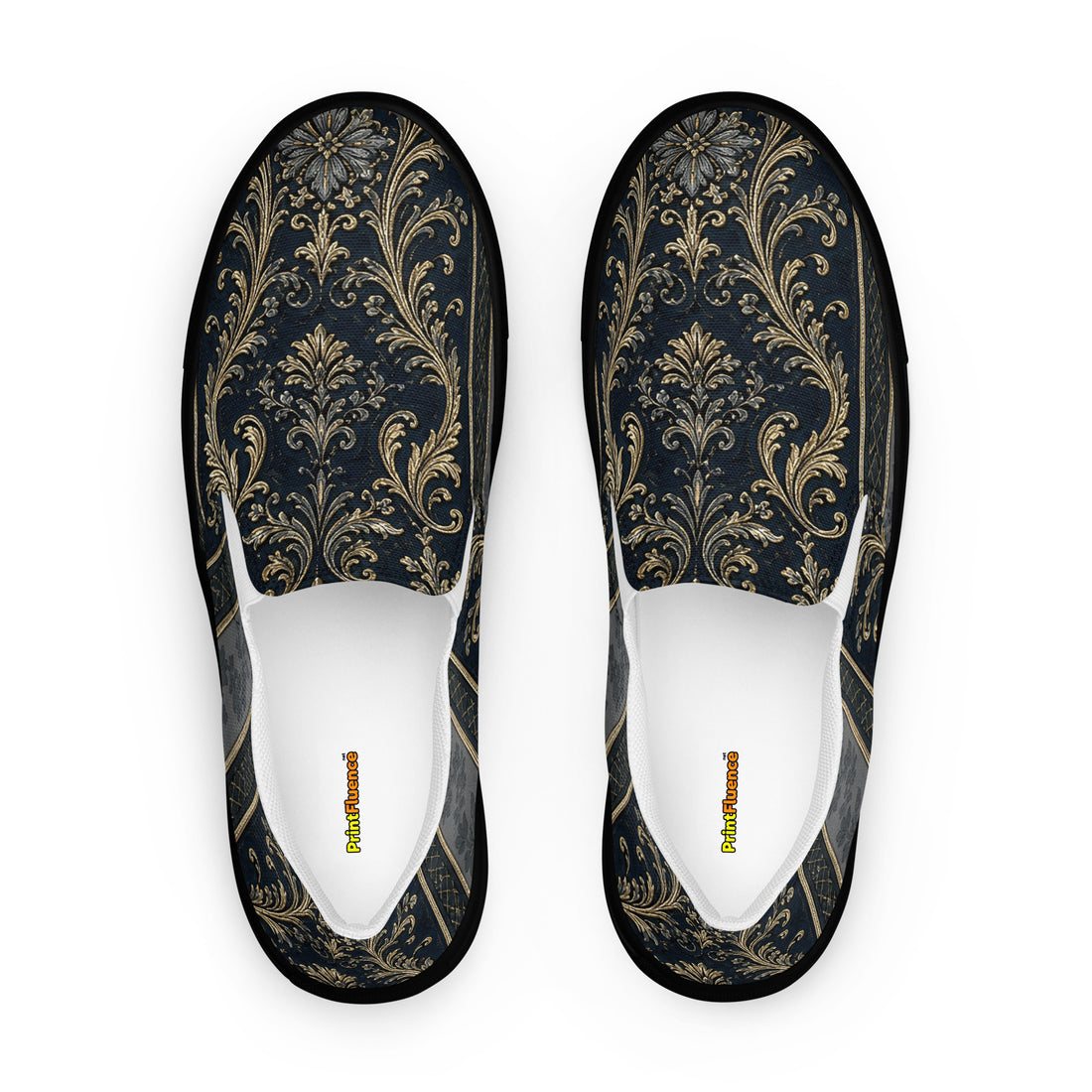 Men’s slip-on canvas shoes - Royal Midnight: Men’s Slip-On Canvas Shoes - Vintage Gold & Navy Baroque Art by printfluence.net