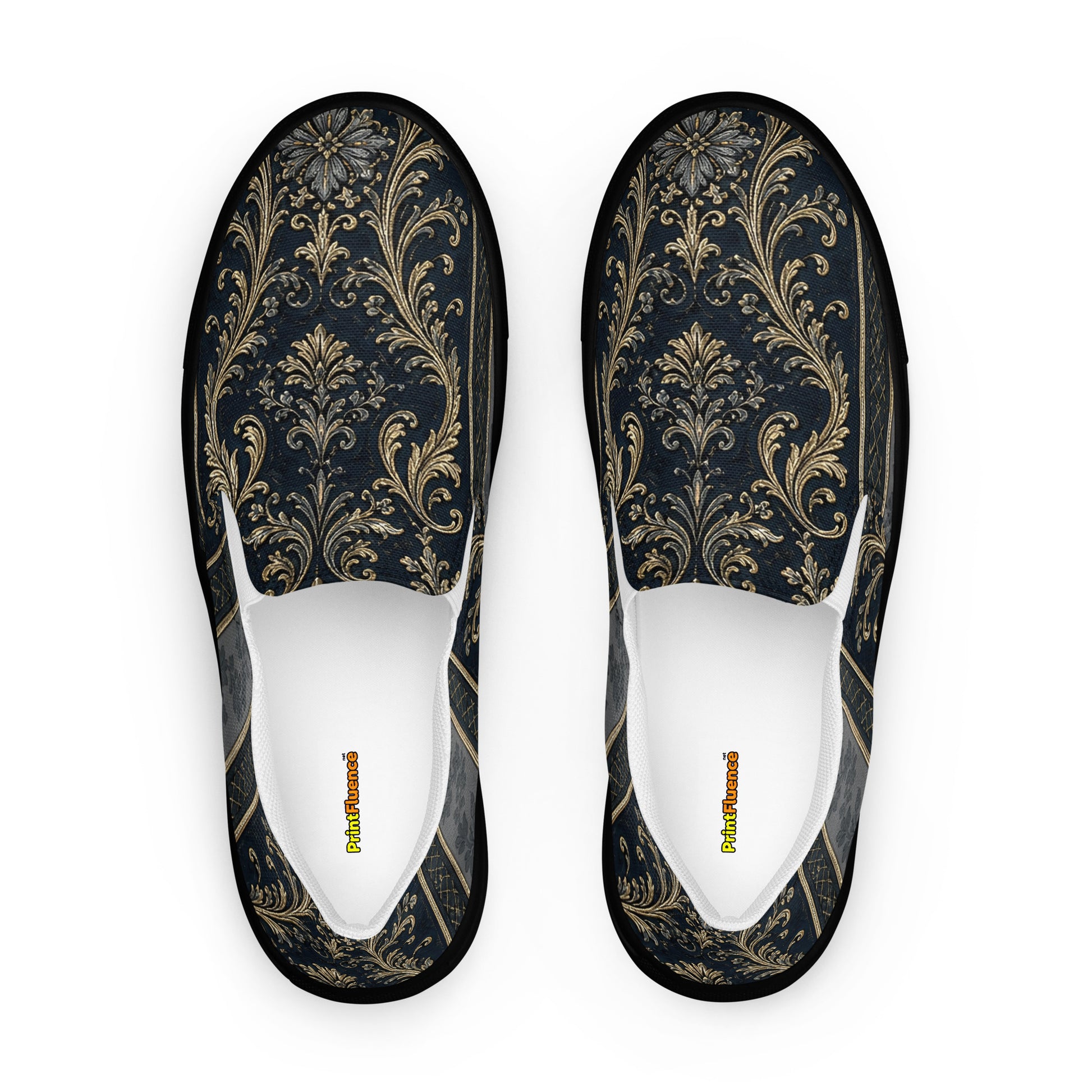 Men’s slip-on canvas shoes - Royal Midnight: Men’s Slip-On Canvas Shoes - Vintage Gold & Navy Baroque Art by printfluence.net