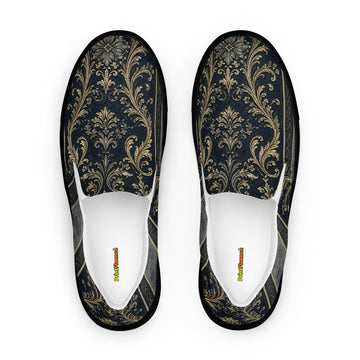 Men’s slip-on canvas shoes - Royal Midnight: Men’s Slip-On Canvas Shoes - Vintage Gold & Navy Baroque Art by printfluence.net