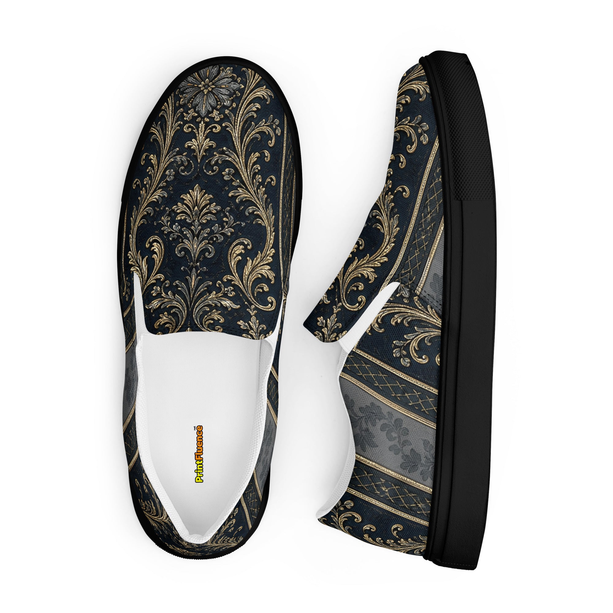 Men’s slip-on canvas shoes - Royal Midnight: Men’s Slip-On Canvas Shoes - Vintage Gold & Navy Baroque Art by printfluence.net