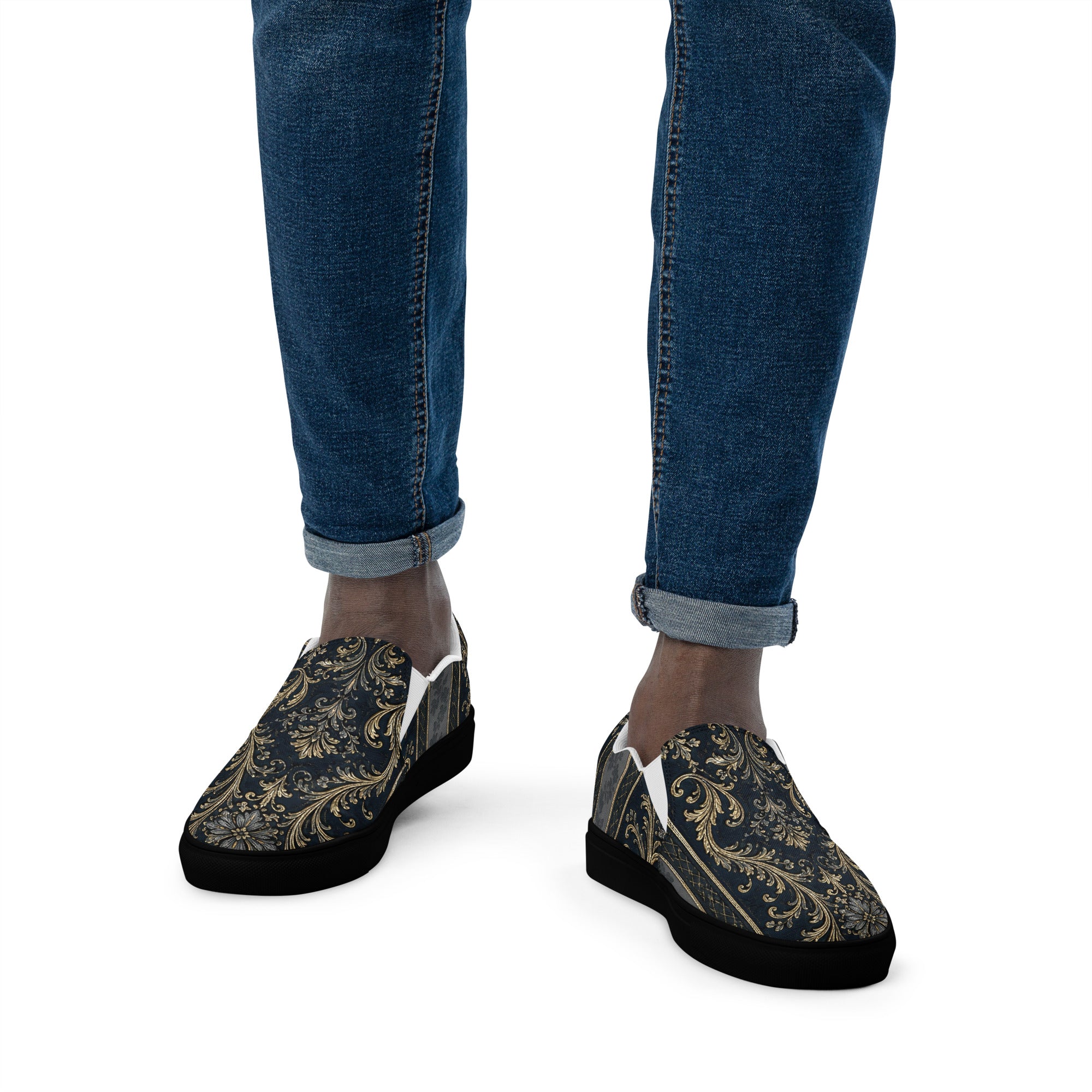 Men’s slip-on canvas shoes - Royal Midnight: Men’s Slip-On Canvas Shoes - Vintage Gold & Navy Baroque Art by printfluence.net
