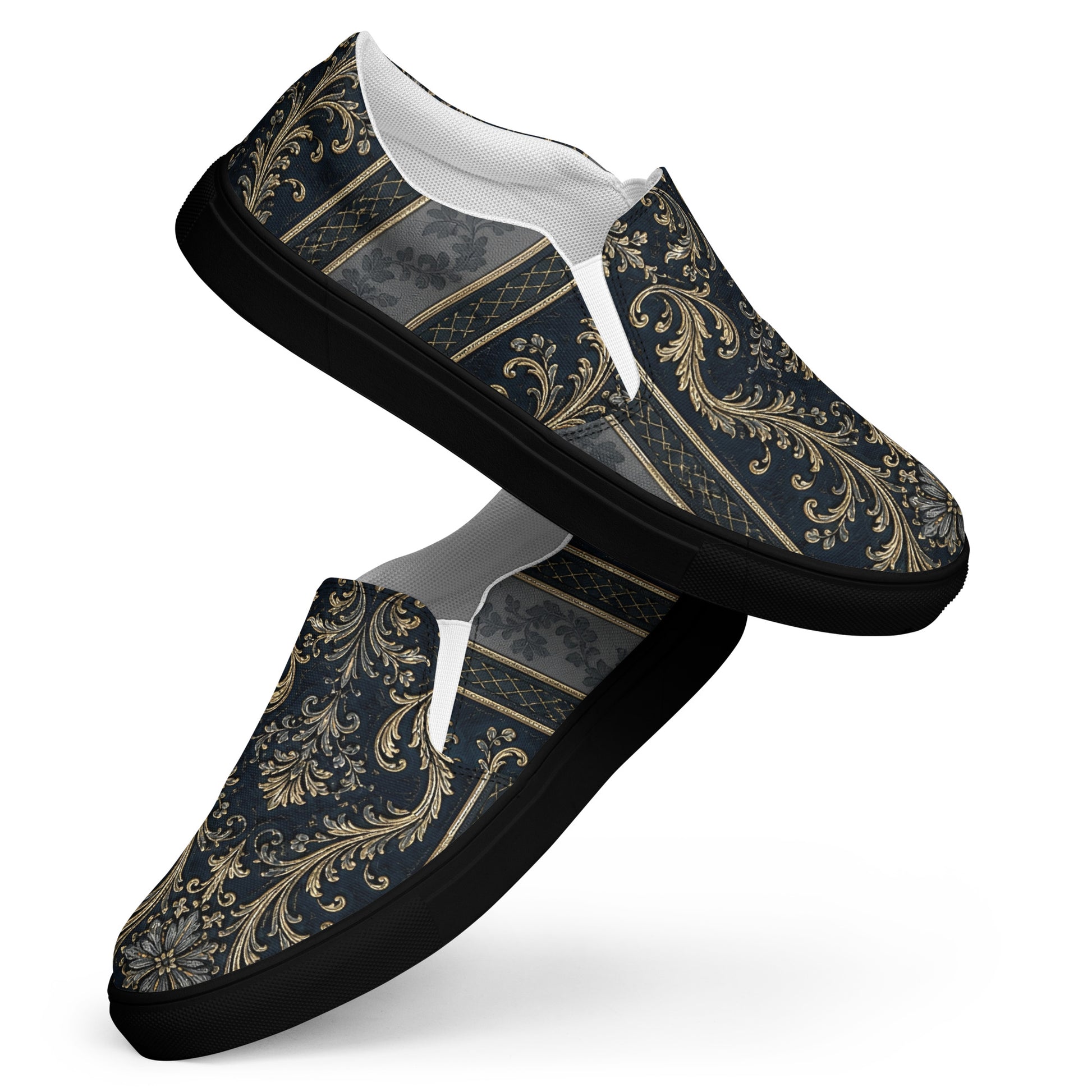 Men’s slip-on canvas shoes - Royal Midnight: Men’s Slip-On Canvas Shoes - Vintage Gold & Navy Baroque Art by printfluence.net