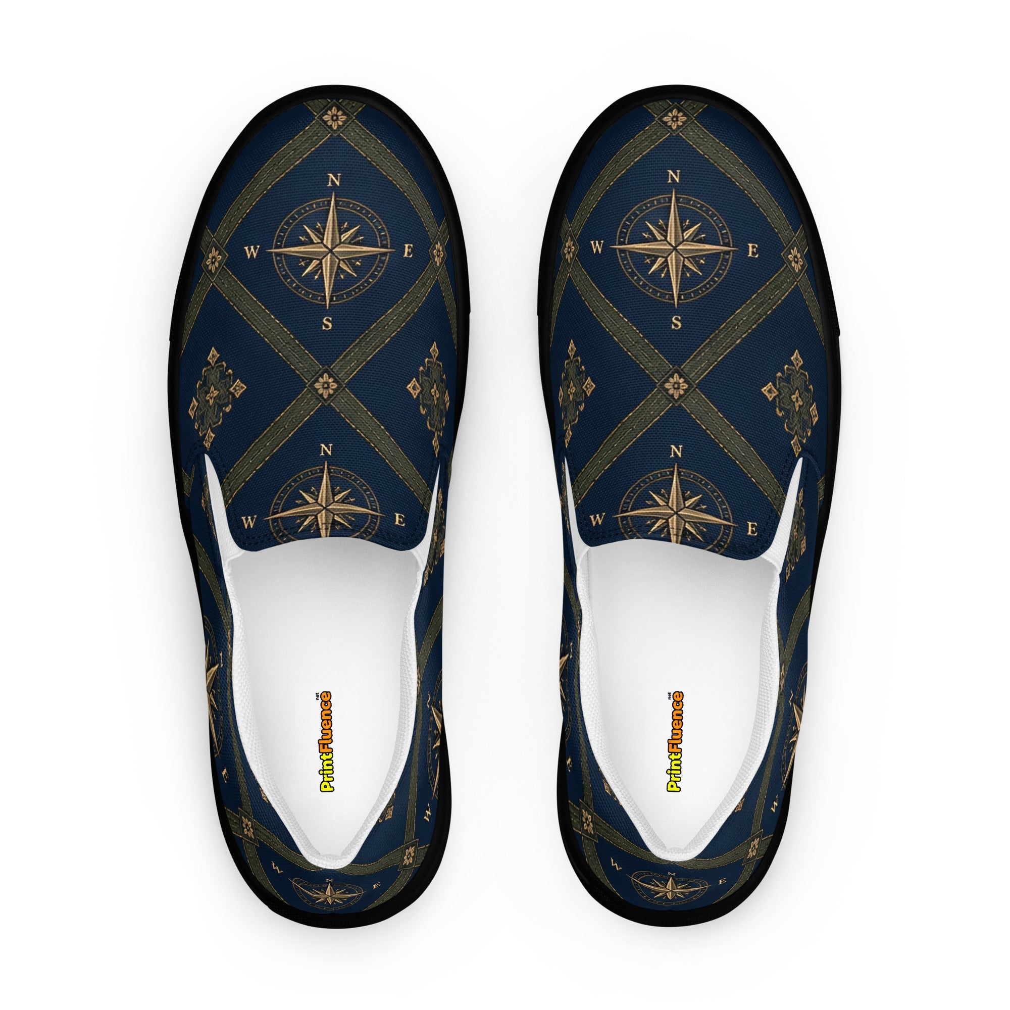 Men’s slip-on canvas shoes - Monochrome Majesty: Men’s Slip-On Canvas Shoes - Classic Black & White Paisley Art by printfluence.net
